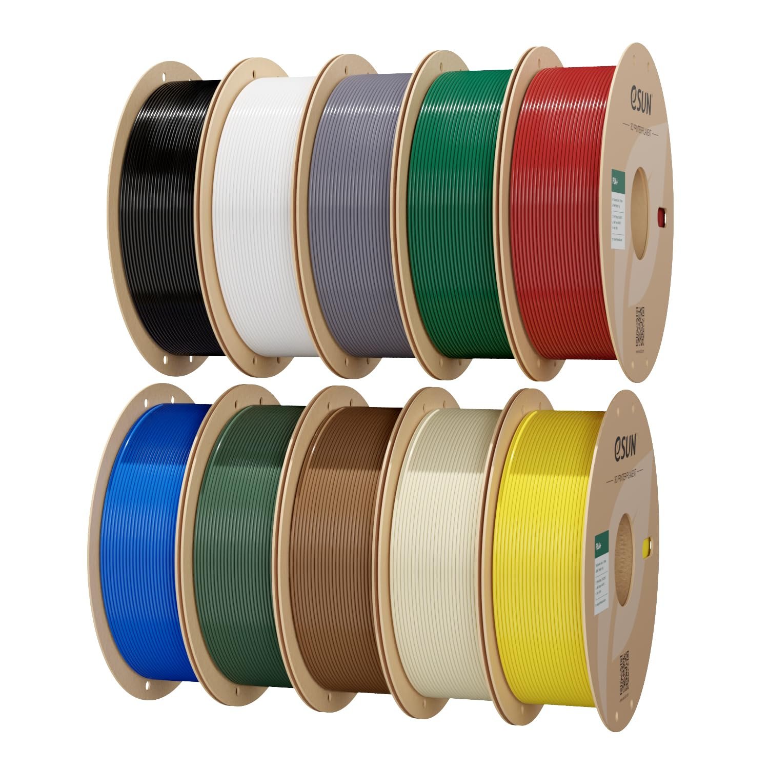 eSUN PLA+ Filament 1.75mm, 10KG Enhanced Toughness PLA Plus, 1KG per Spool, 10 Spools for 3D Printers,Black+Cold White+Grey+Bone White+Fire Engine Red+Blue+Yellow+Brown+Pine Green+Olive Green