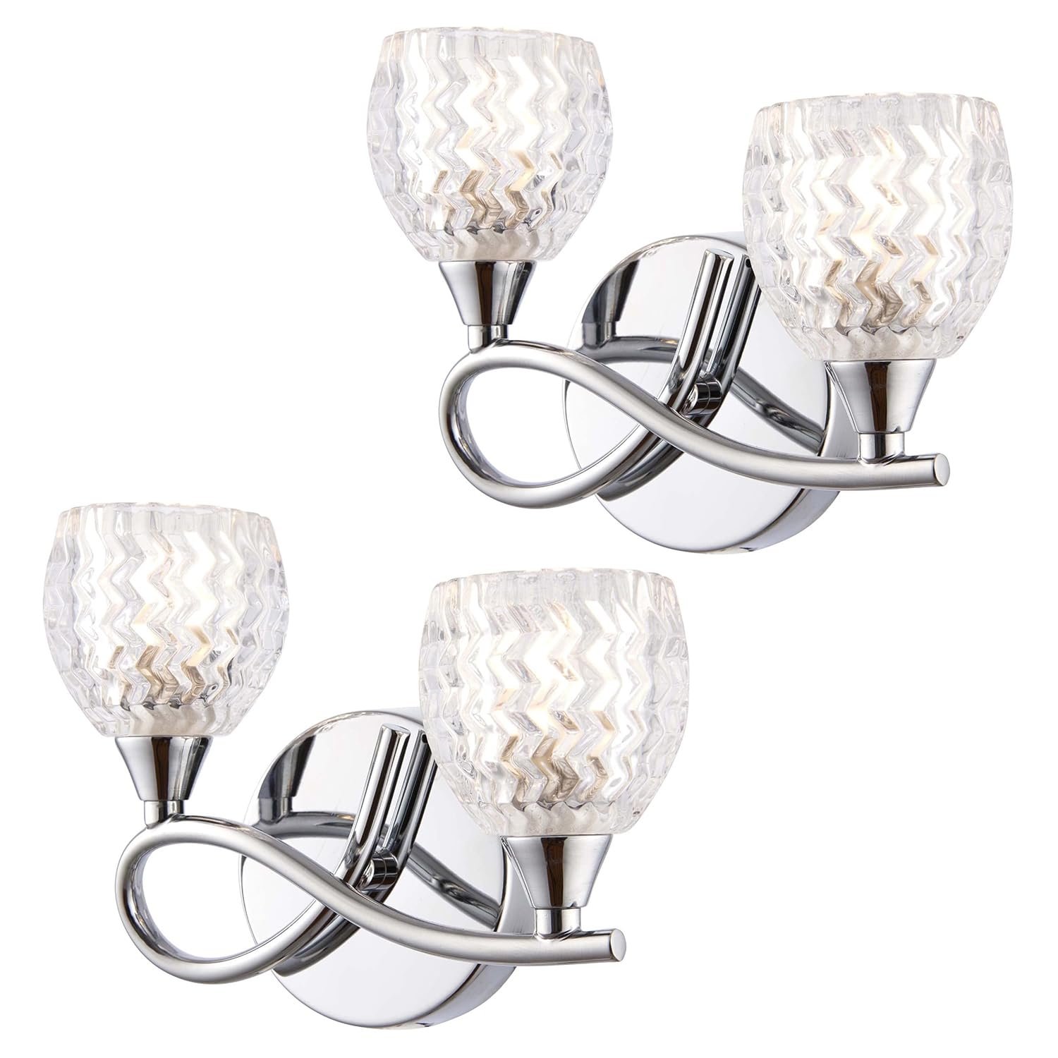 Reagan Decorative Wall Light – Dimmable Indoor Home Lights – Internal Wall Light with Patterned Glass – Led Sconce 33W Twin Wall Lamp – IP20 Rated Hallway Lamp – G9 Crystal Lampshade – Chrome - 2 Pack
