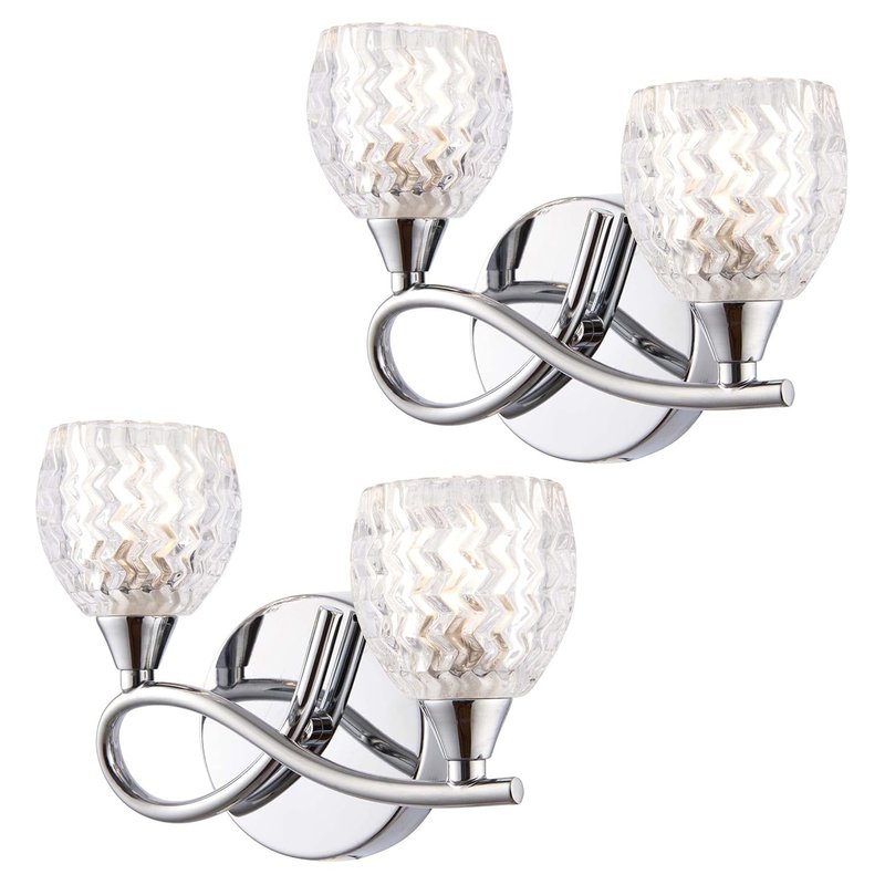 Reagan Decorative Wall Light – Dimmable Indoor Home Lights – Internal Wall Light with Patterned Glass – Led Sconce 33W Twin Wall Lamp – IP20 Rated Hallway Lamp – G9 Crystal Lampshade – Chrome - 2 Pack