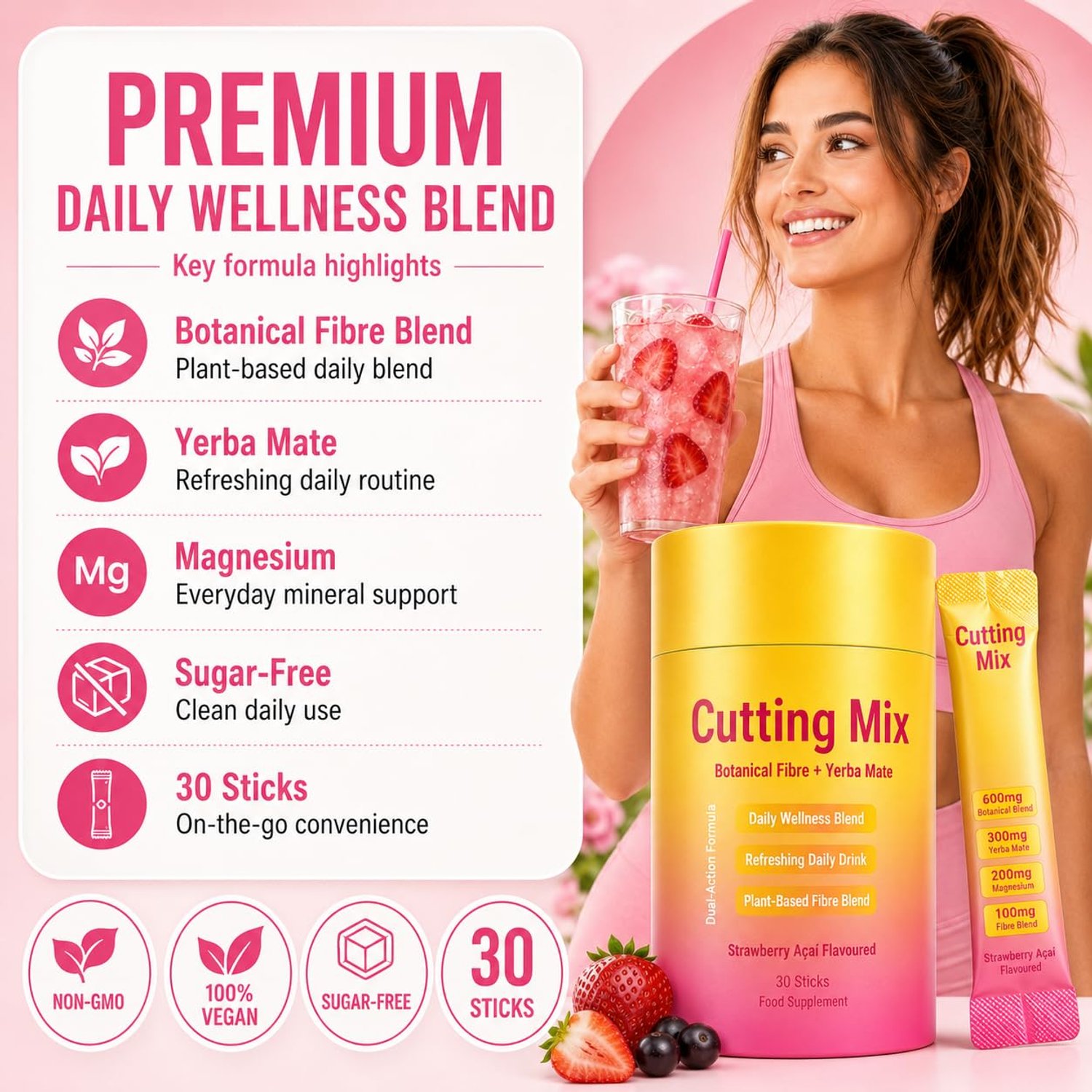 Cutting Mix Drink, Botanical Fibre & Yerba Mate Blend, Sugar-Free Strawberry Açaí Flavoured Drink Sticks, Vegan Daily Wellness Drink Mix, 30 Individual Sticks