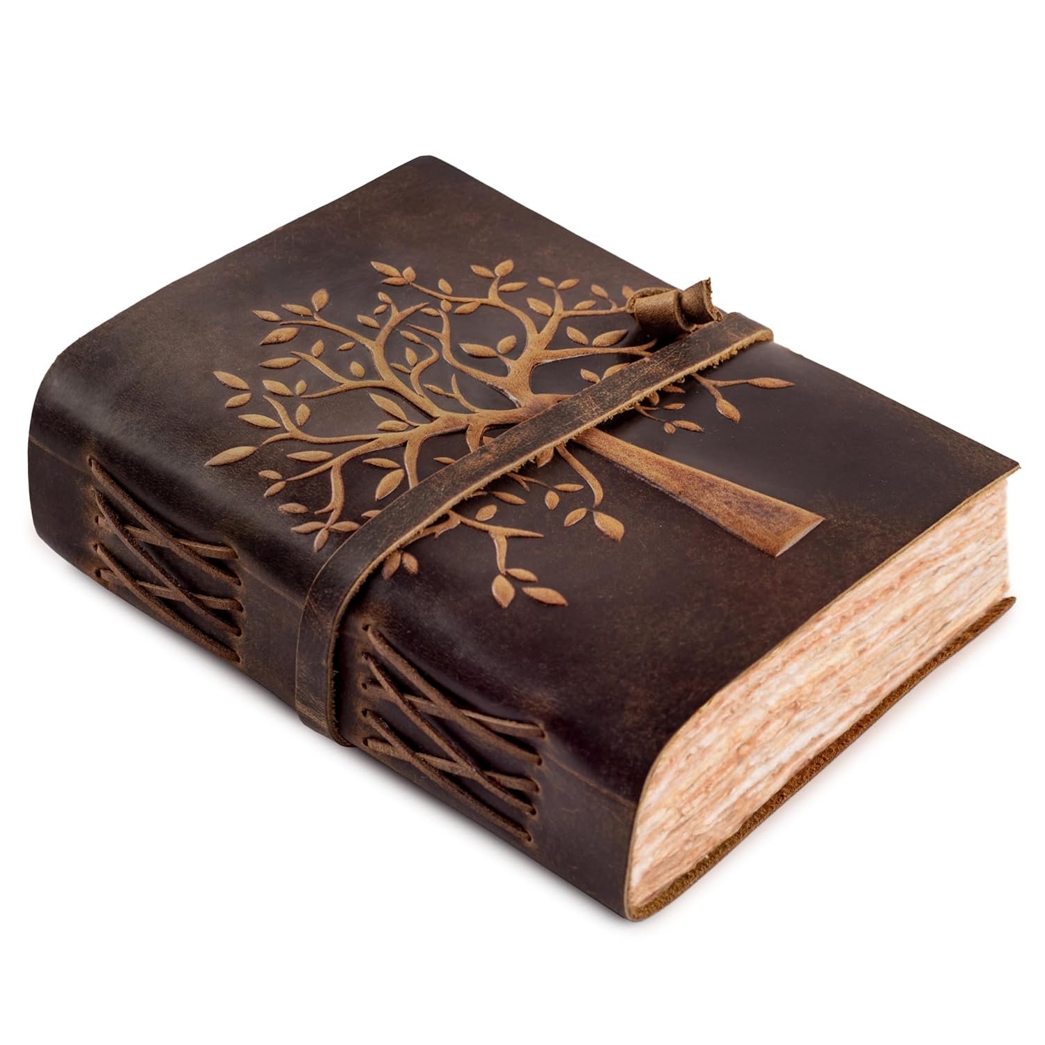 LEATHER VILLAGE Tree of Life Journal - 6 X 4 (A6) inches - Rustic Brown - 200 Antique Deckle Edge Handmade Paper – Book of Shadows - Vintage Leather Bound Journal for Women & Men
