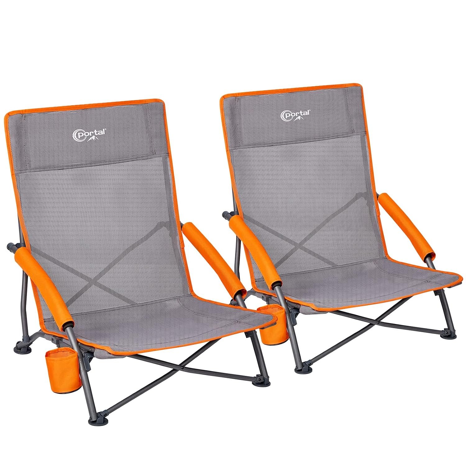 Portal Folding Beach Chair Low Lightweight Portable for Adults Foldable Beach Seat Camping Festival Picnic Deck Chair Outdoor Collapsible with Cupholder Mesh Back Padded Armrests Supports 150KG