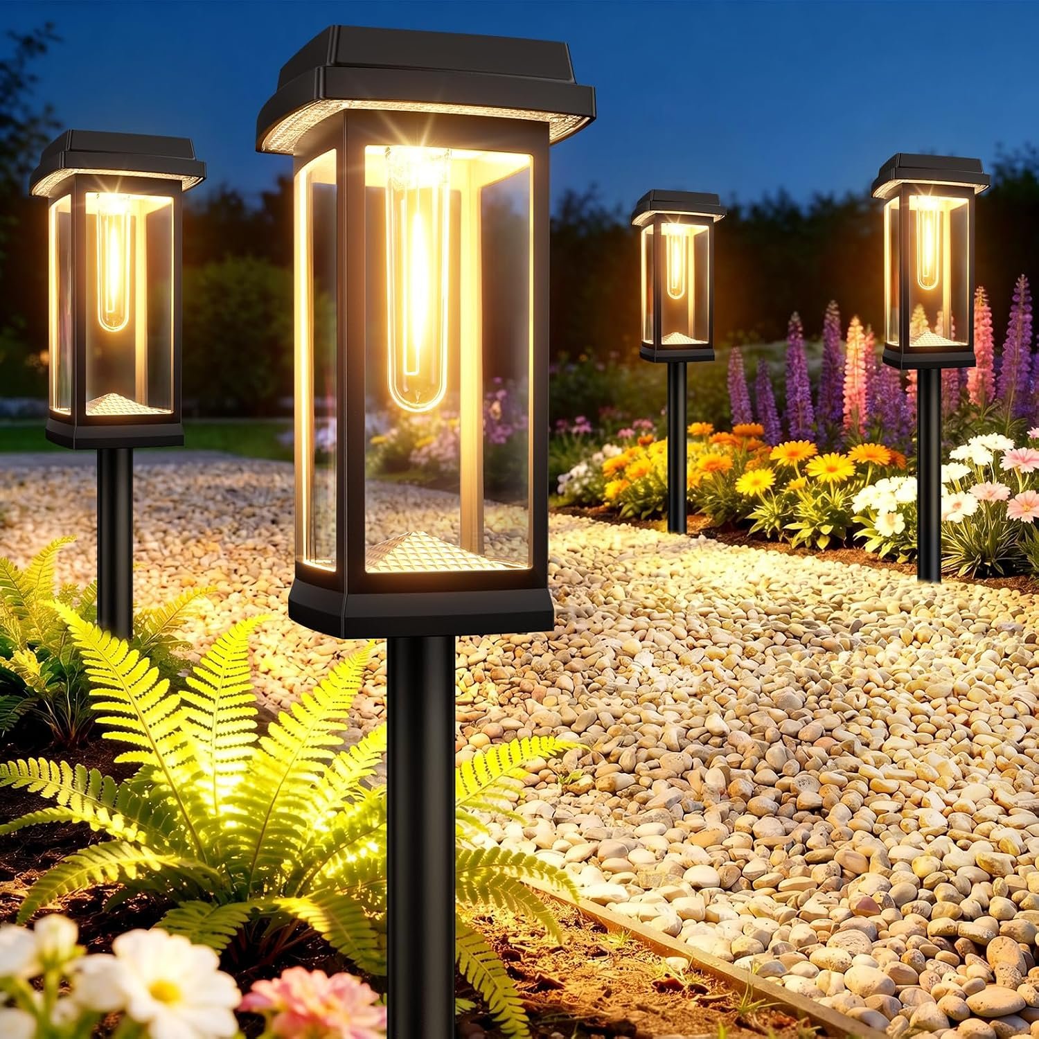 TuyLuxe Solar Lights Outdoor Garden 4 Pack, Super Bright Solar Garden Lights 2 Modes with Metal Stakes, 1000mAh Outdoor Solar Lights Waterproof, 3000K LED Light Garden Ornaments Outdoor for Decor