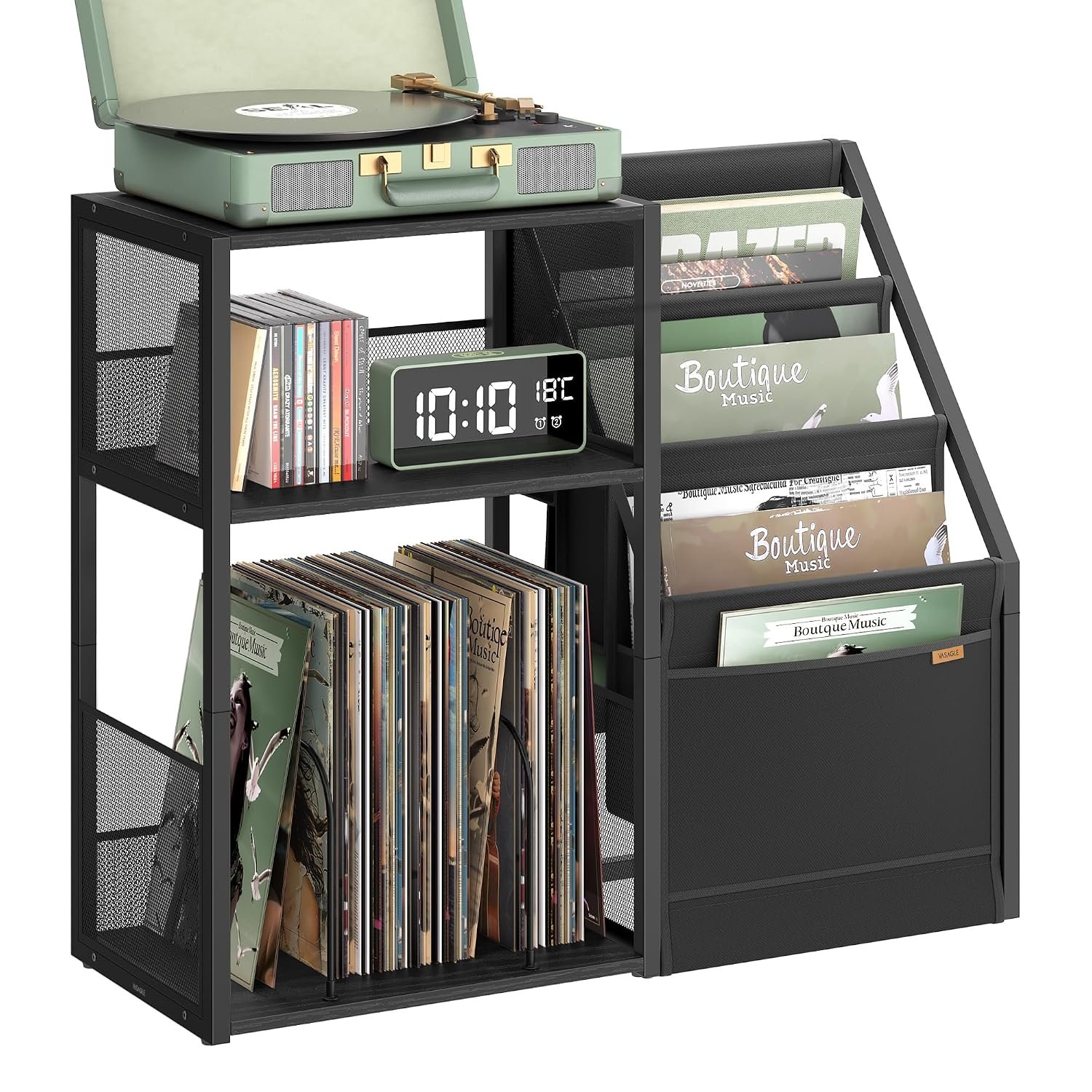 VASAGLE Record Player Stand, 3-Tier Side Table, Vinyl Record Storage up to 140 Albums, End Table for Living Room, Bedroom, Ebony Black LET276B01