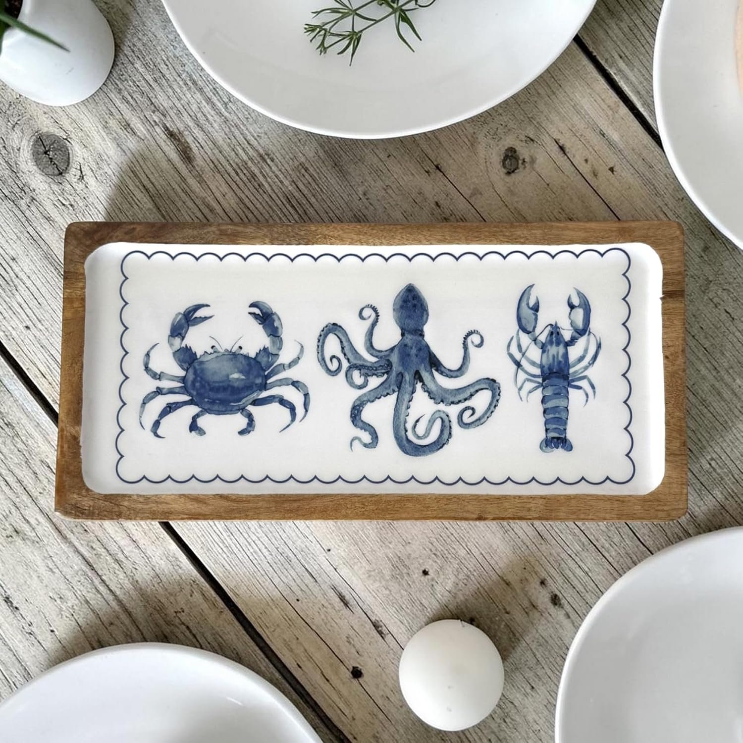 Rectangular Enamel and Wood Serving Tray, Nautical Crab Octopus Lobster Design, Blue and White, 40cm