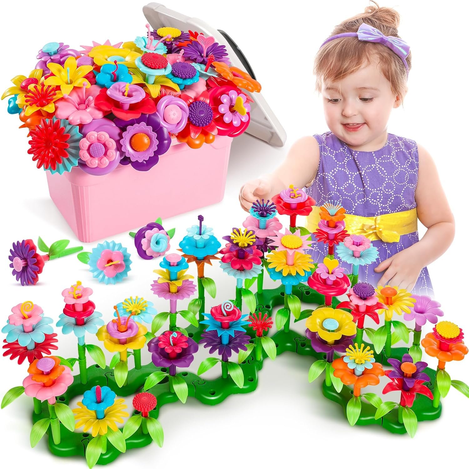 Fivejoy Flower Garden Building Toys for 3 Year Old Girls Boys, Easter Gifts for Kids, 134pcs Flower Building Toy - Floral Arrangement Playset With Suitcase,Building Blocks Set Early Christmas Presents