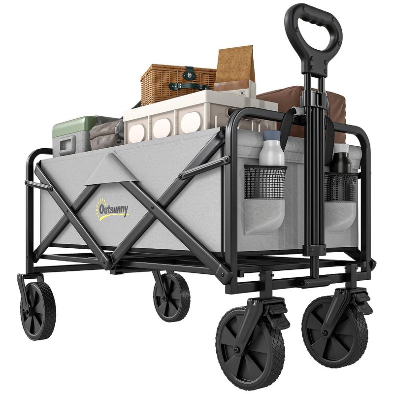 Outsunny 135L Festival Trolley on Wheels, Folding Wagon Camping Trolley Cart with Adjustable Handle, Dual Brakes, Portable Wagon Cart for Outdoor, Garden, Shopping, Fishing, Dark Grey