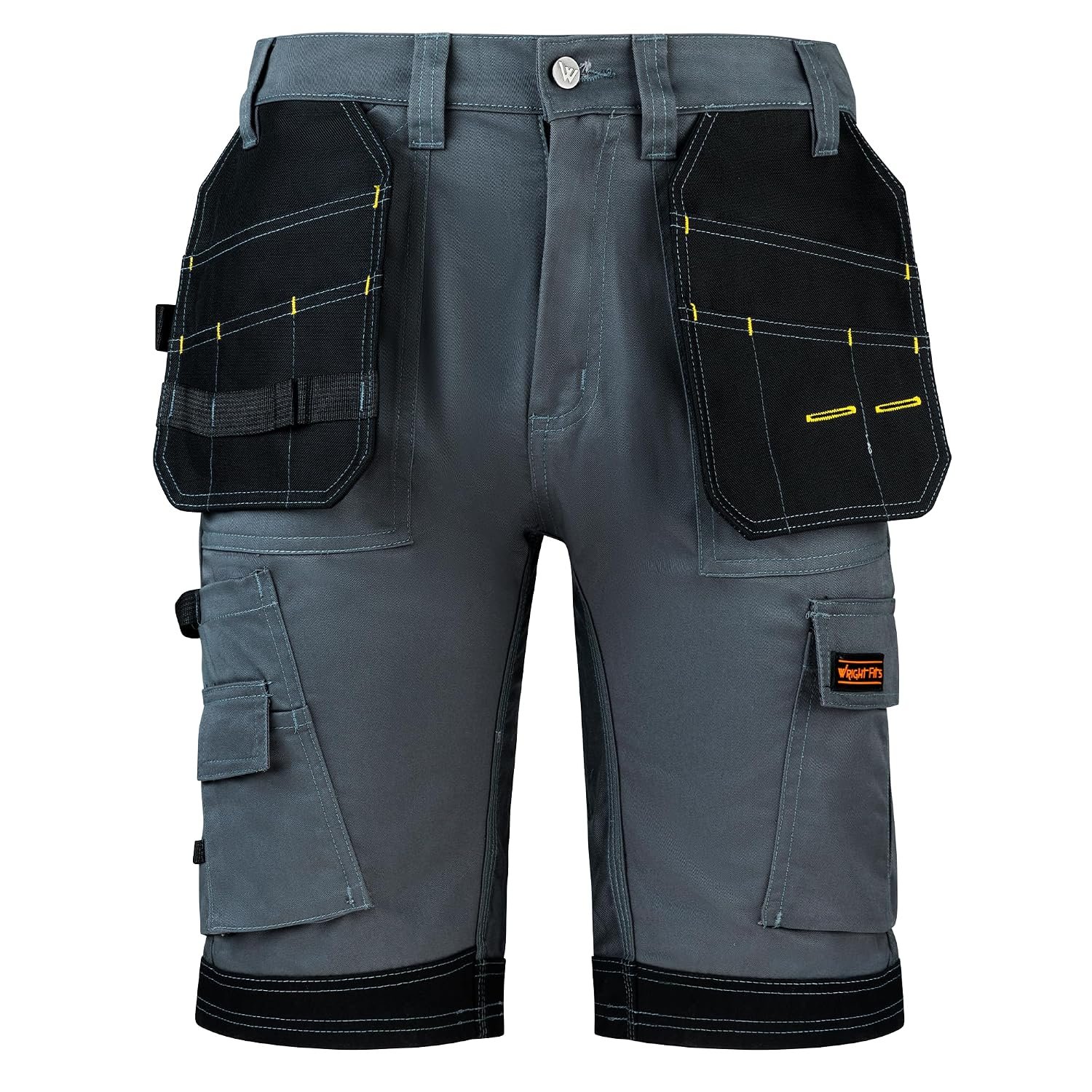 WrightFits Men Pro Builder Work Shorts - Grey - Heavy Duty Safety Combat Cargo Summer Shorts – Multi Holster Pockets - Triple Stitched Durable Workwear (34W)