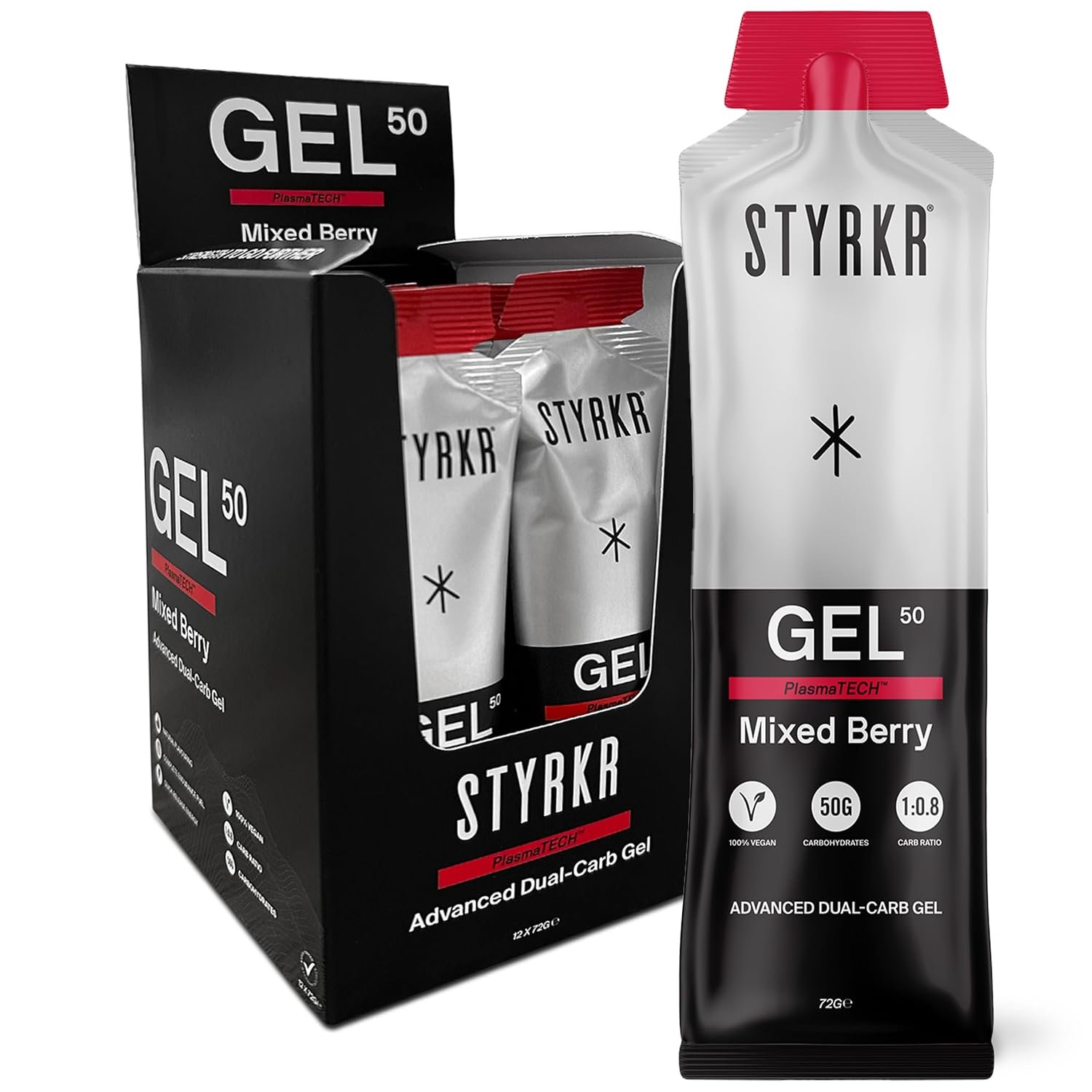 Styrkr GEL50 Energy Gels by Styrkr - 50g of Carbs - Pack of 12 Berry Flavoured Energy Gels for Cycling & Running - Approved by Endurance Athletes - Advanced Dual-Carb Formulation - 12x Pack