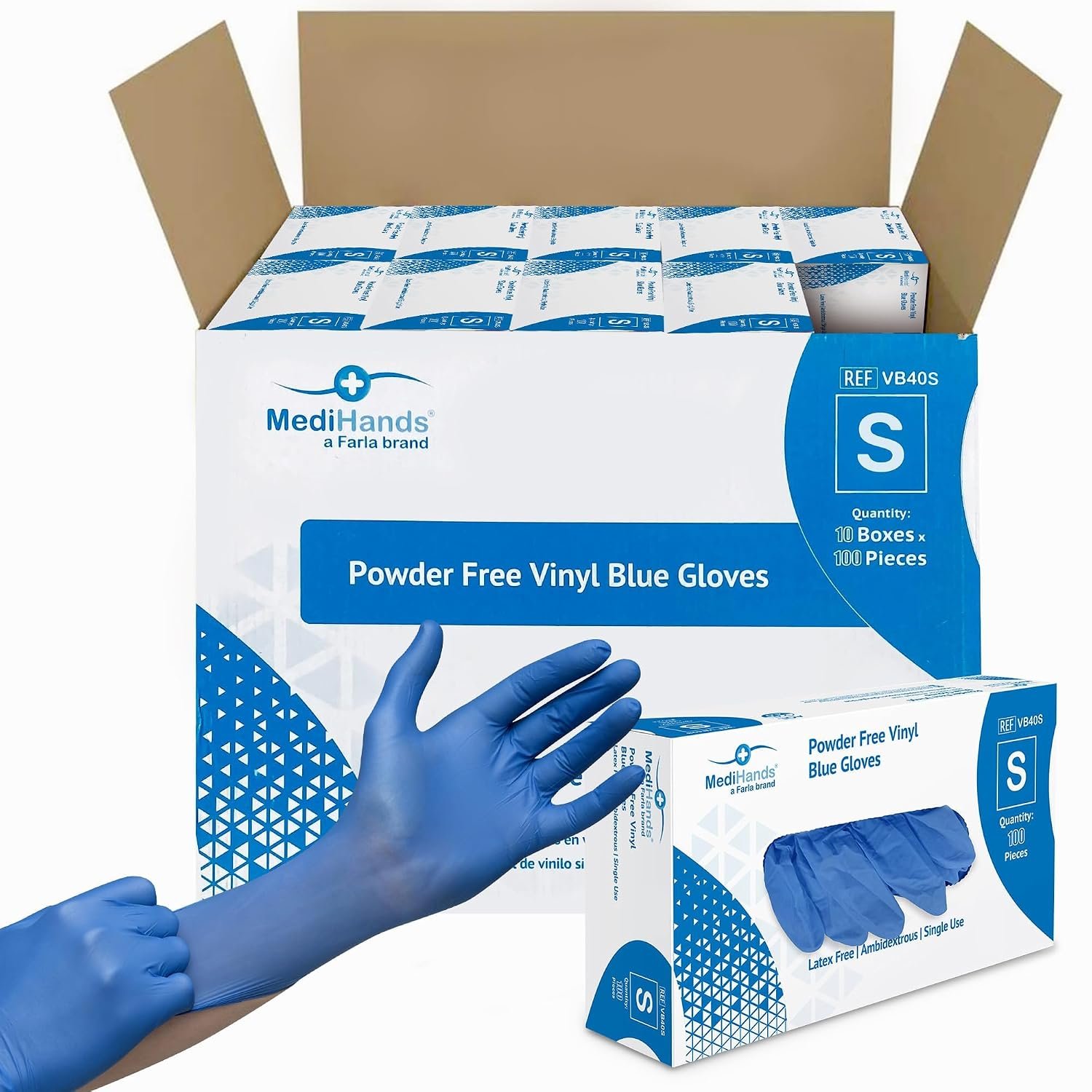 MediHands Vinyl Blue Vinyl Examination Gloves - Case of 1000 Disposable, Powder-Free, Latex-Free, Protein-Free Medical Gloves - Multi-Purpose, Single-Use