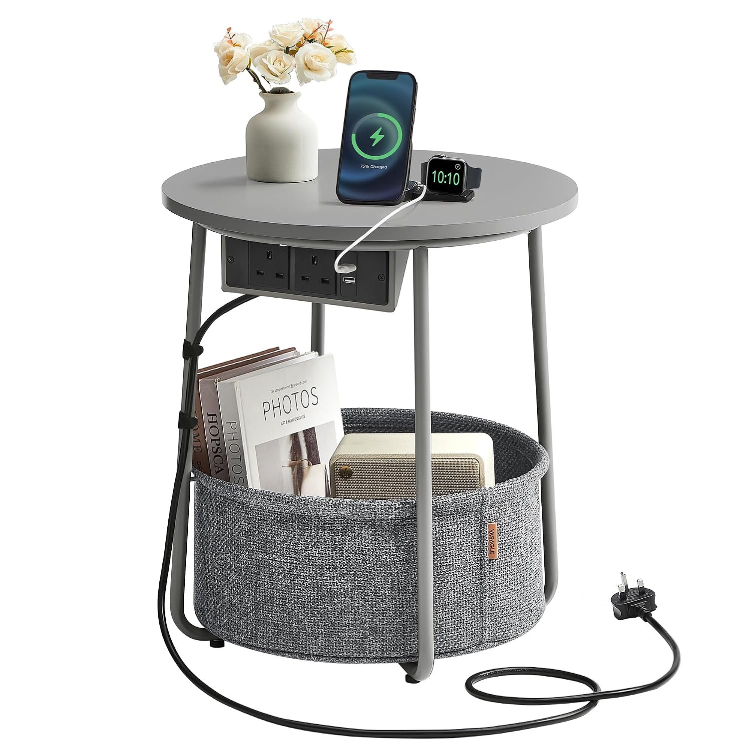 VASAGLE Side Table with Charging Station, Round End Table with Power Outlets, USB Ports, Fabric Basket, Living Room, Bedroom, Bedside Table, Modern, Dove Grey and Slate Grey LET228G03