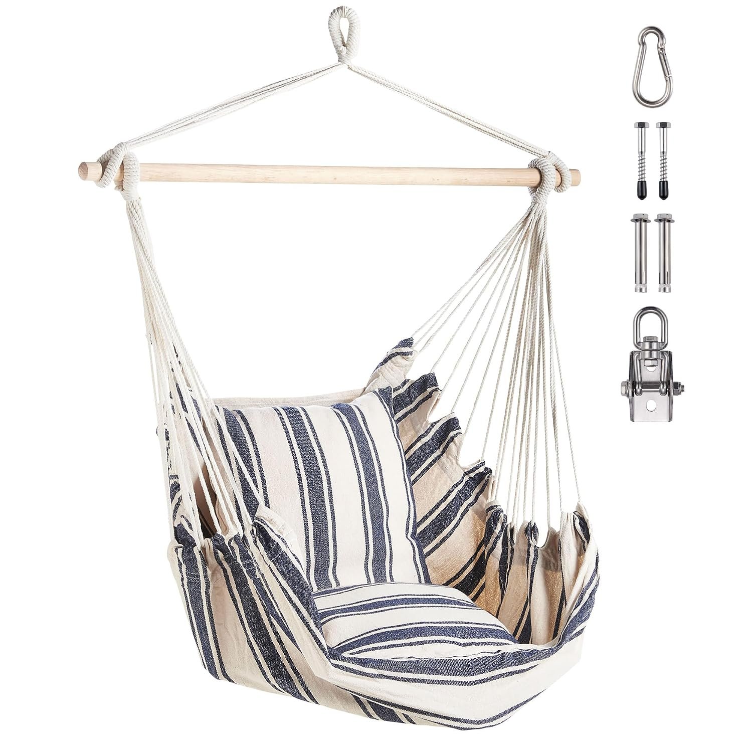 VonHaus Hanging Chair Outdoor with Attachments – Blue & White Stripe Garden Swing Seat & Hammock Chair, 1 Seater Rope Neutral Boho Style Portable Garden Seat for Garden, Patio, Terrace & Decking