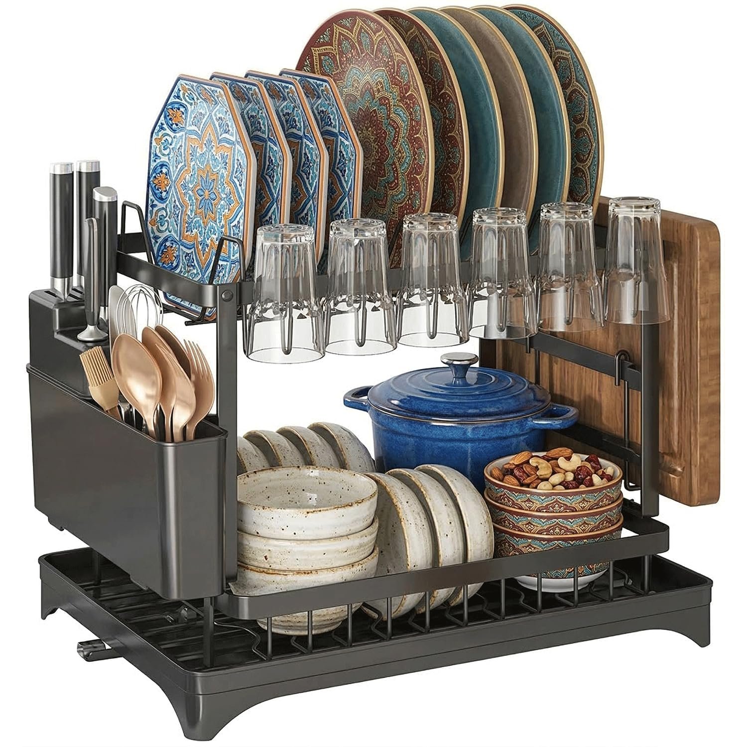 Qualiv Co 2 Tier Dish Drying Rack for Kitchen Counter, Large Capacity Dish Rack with Drainboard & Utensil Holder, Rustproof Kitchen Drying Rack for Plates, Bowls, Cups & Cutlery, Black