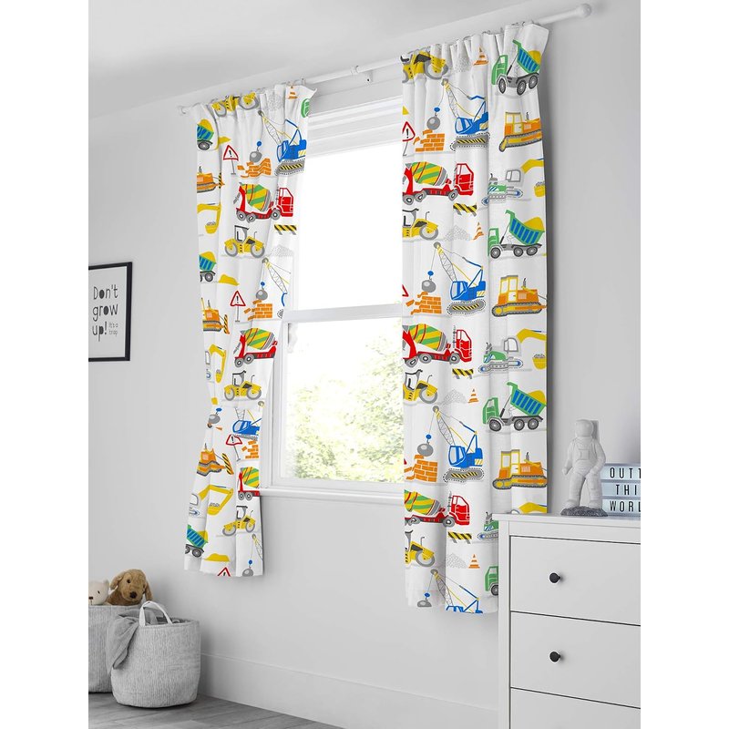 Bloomsbury Mill - Kids Curtains for Boys & Girls Bedroom - Construction Diggers - Lined Curtain Pair with Tiebacks - Nursery Curtains for Childrens Baby Room - 66X72 inch drop (168x183cm)