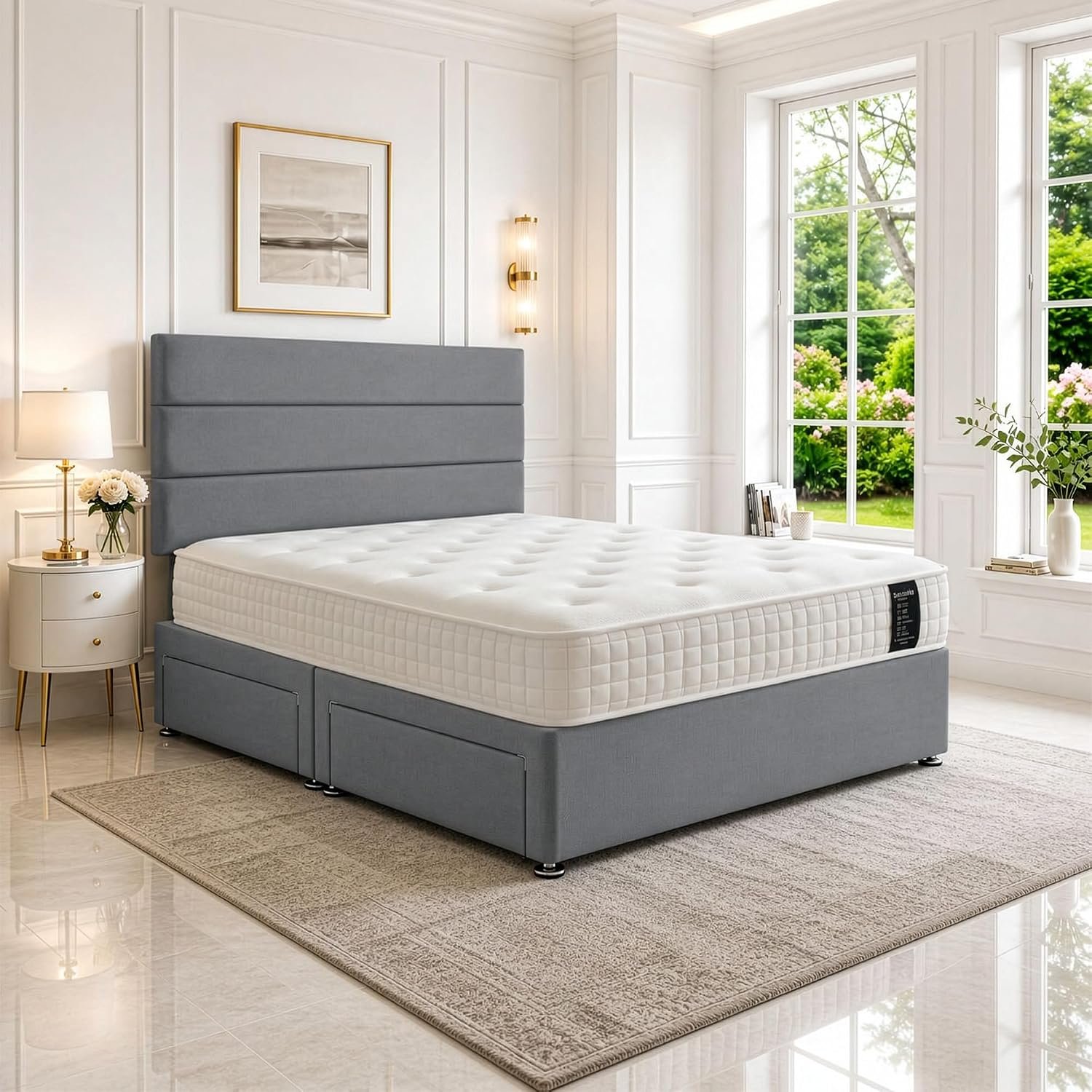 SANA SLEEP King Bed with Orthopaedic Mattress & 2 Drawers - 5FT (sierra grey Fabric) - Stylish Divan Set for Comfortable Living - Durable Frame for Cosy Bedrooms - Luxurious Bed for Modern Homes