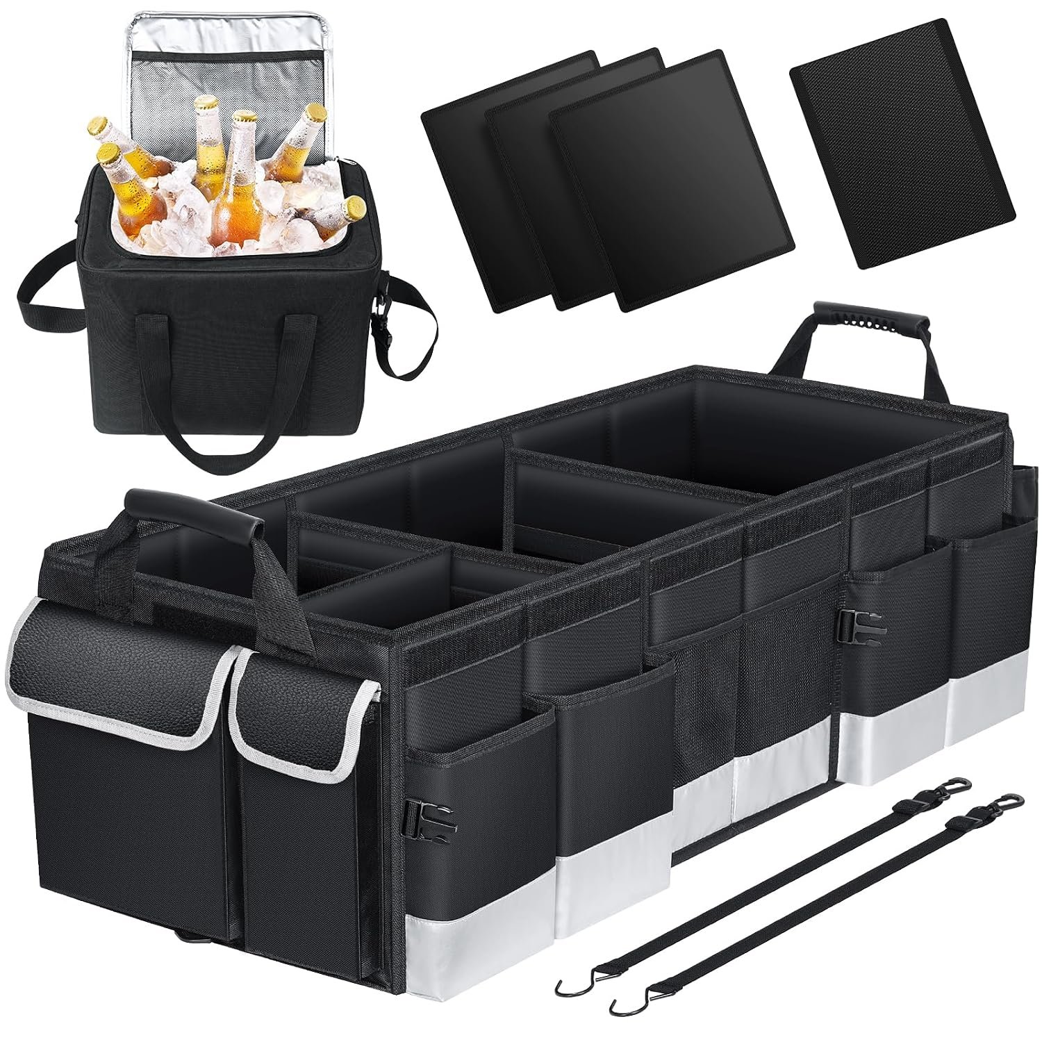 Oasser Car Boot Organiser with Cooler Bag, Large Collapsible Car Storage with Multi Compartments and Lid (XXL, Black&Grey)