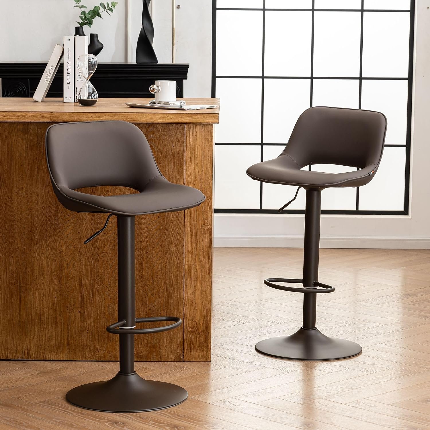 YOUNIKE Bar Stools Set of 2 White Breakfast Barstools, Adjustable Counter Height Bar Chair Faux Leather Upholstered Counter Stools with Hollow Back for Kitchen Island