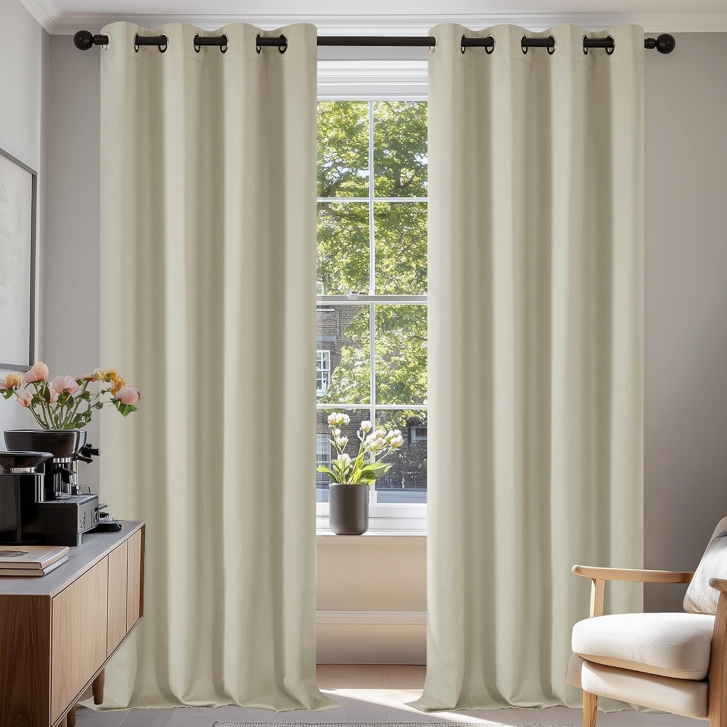 Deconovo Room Darkening Bedroom Curtains Super Soft Window Treartment Thermal Insulated Top Ring Energy Saving Blackout Curtains for Girls 55 x 110 Inch Light Beige 2 Panels