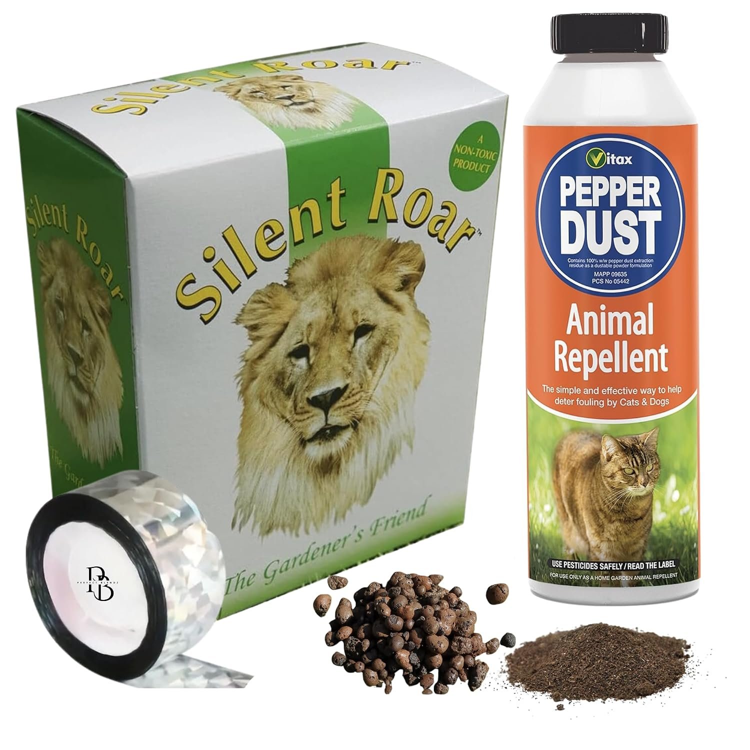 Cat Deterrent for Gardens UK – Silent Roar Lion Dung Pellets, Pepper Dust & Reflective Tape Bundle – Cat Repellent to Stop Cats Pooping in Garden Areas