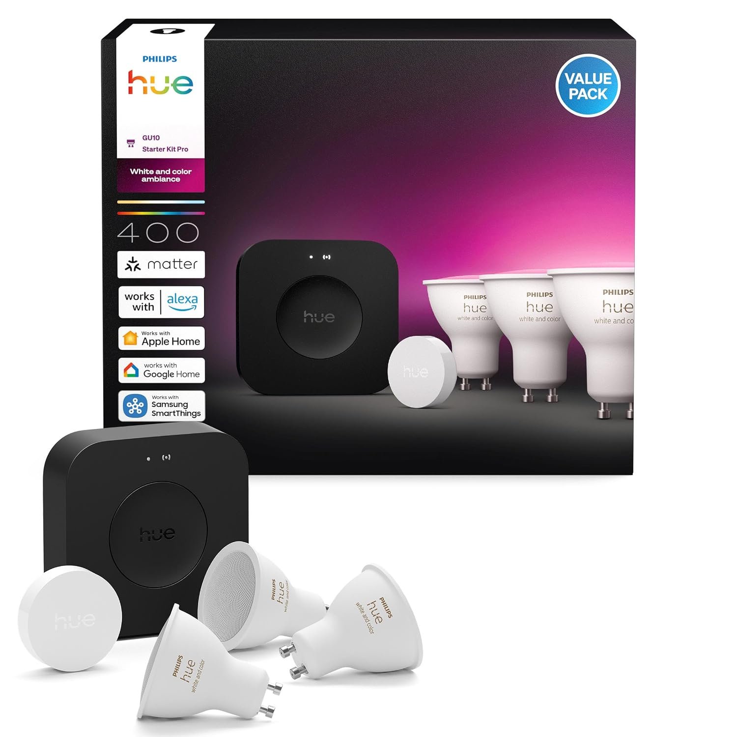 Philips Hue Starter Kit Bridge Pro + 3 GU10 Spotlights + Button, White and Colour Ambience Smart Bulbs, Smart Light Hub, Works with Apple Home, Amazon Alexa, Google Assistant, Samsung SmartThings