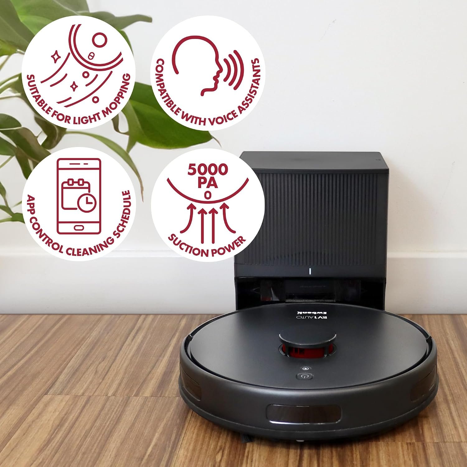 Ewbank EWVC04604 RV1AUTO Robot Vacuum Cleaner & Mop, 5000Pa Suction, Auto-Empty Dock, LiDAR Navigation, Wi-Fi App & Voice Control, 150 Min Runtime