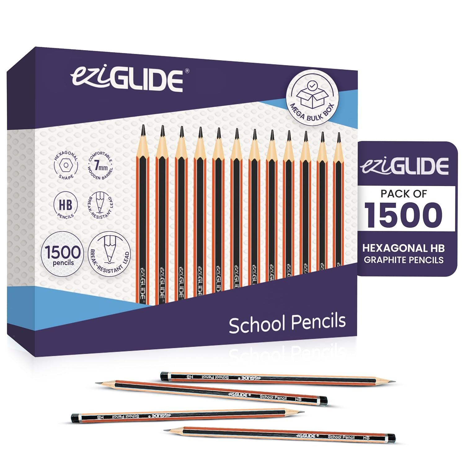 Eziglide HB Graphite School Pencil, Bulk Pack of 1500 Hexagonal Pencils with Presharpened, Break Resistant Super Bonded HB Leads, Ideal for use at School in the Classroom, Home or the Office