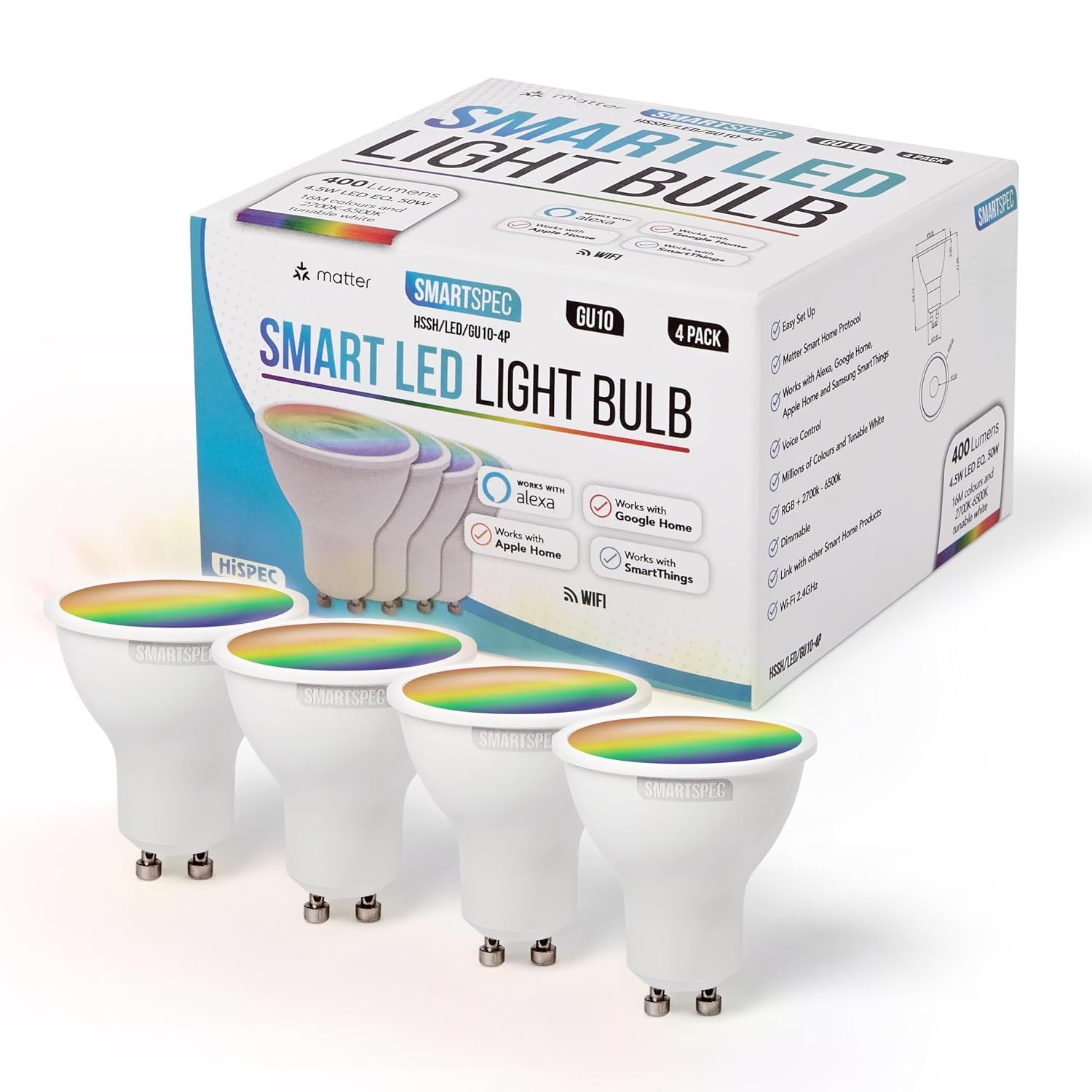 SMARTSPEC Smart Bulb 4 Pack, Smart WiFi LED Light. Works with Amazon Alexa, Google Home, Apple Home. Colour Changeable. Multicolour Smart Light Bulb ACK Matter GU10
