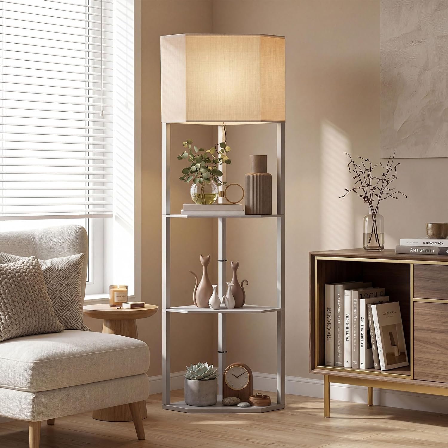 HOMCOM Corner Floor Lamp with Shelves, Modern Tall Standing Lamp with Chain Switch for Living Room, Bedroom, Bulb Not Included, Light Grey
