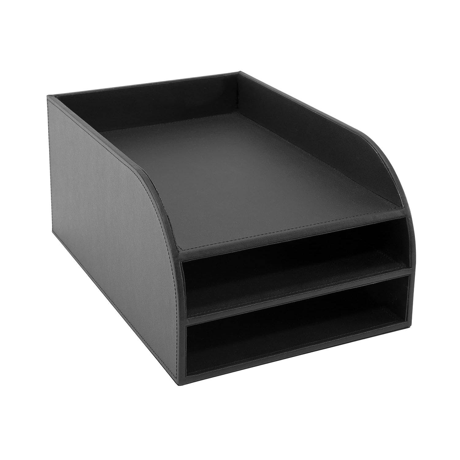 Osco Black Faux Leather Three Tier Letter Tray, Desk File Organiser, Mail Sorter, Document Holder, A4 Compatible, H17.5 x W25 x D37.5 cm
