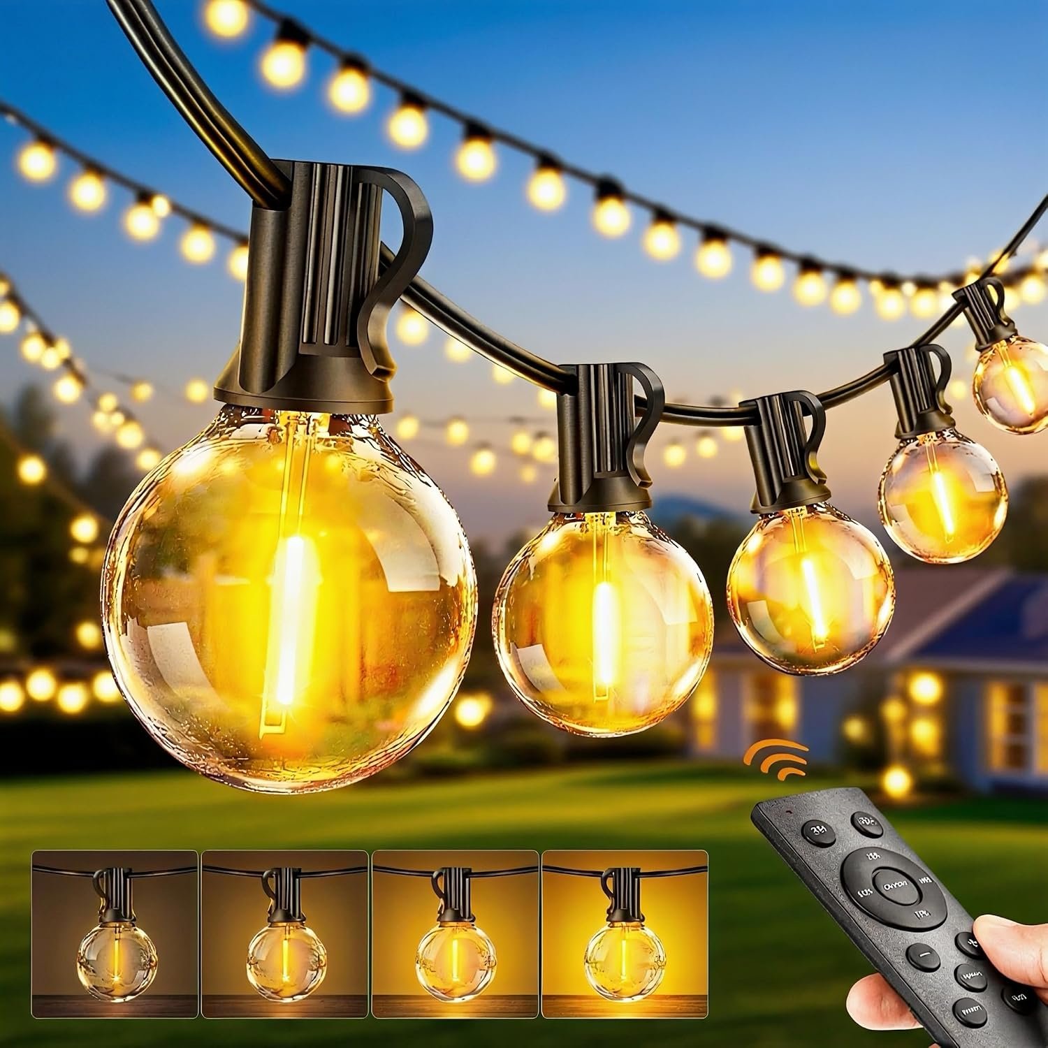 PBGMRT Dimmable Solar Outdoor String Lights - 30M/100FT G40 Solar Powered Garden Lights 38+2 LEDs, Remote 3 Timer 8 Modes Waterproof Outside Festoon Lights for Gardens Patios Fences Pergolas