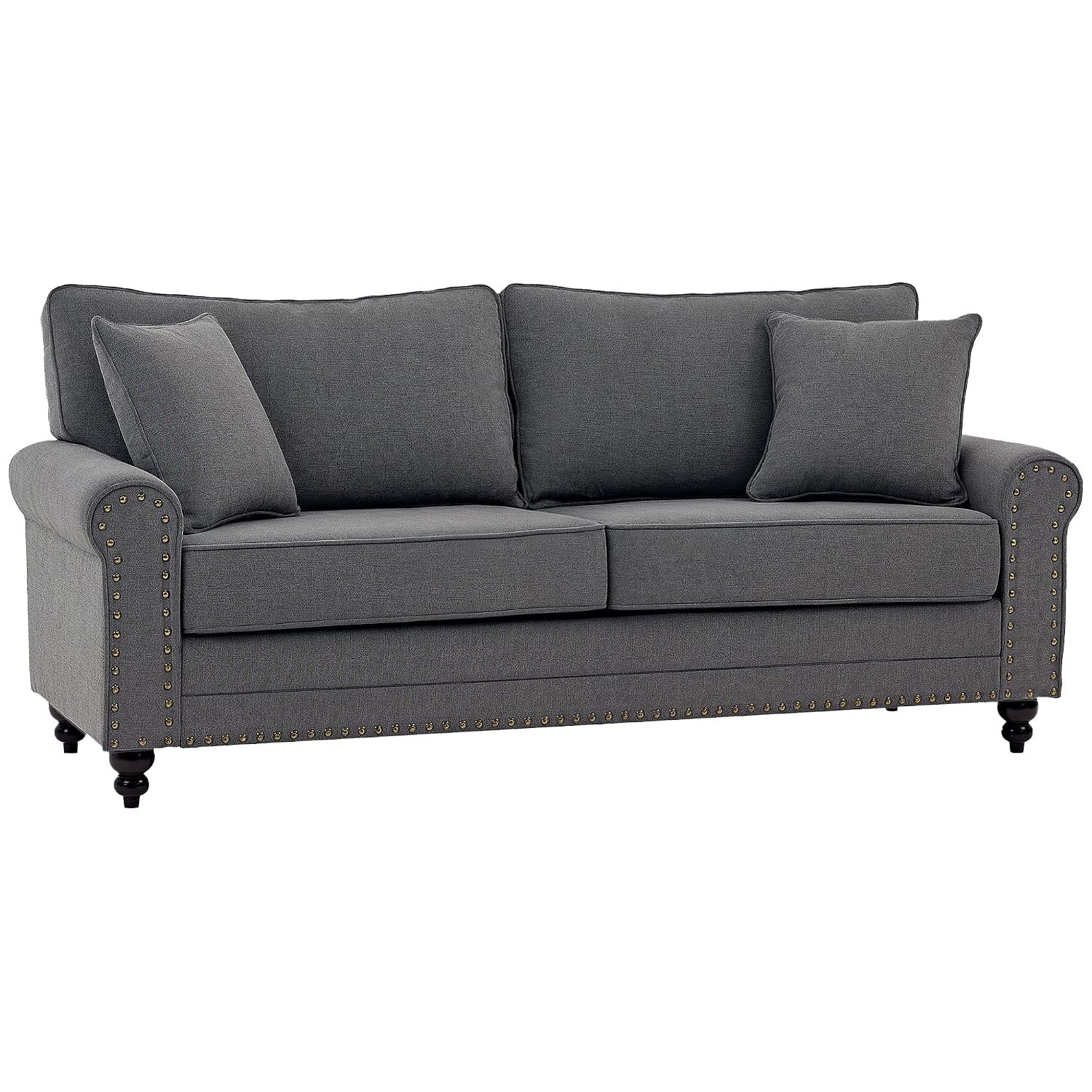 HOMCOM 196cm 3 Seater Sofa, Fabric Sofa with Rubber Wood Legs, Nailhead Trim, 2 Pillows, Small Upholstered Couch Settee for Living Room, Guest Room, Grey