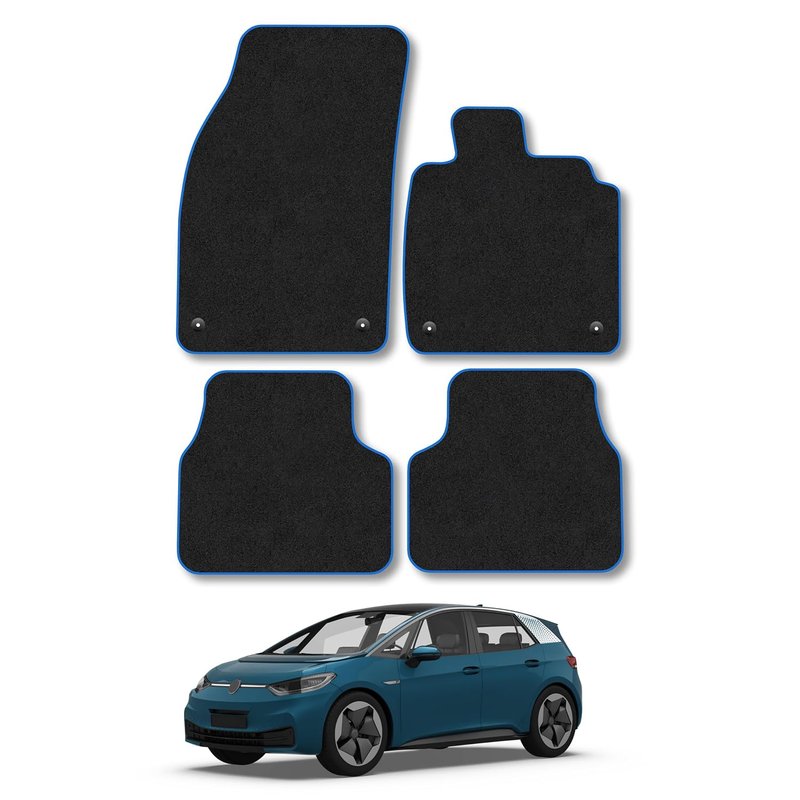 VW ID.3 (2019+) Car Mats Accessories Tailored Fit Carpet Floor Mats Non Slip Blue Trim Full Coverage Compatible Accessory Granulated Backing Front Rear Set Anti Slip Hand-Finished Clips