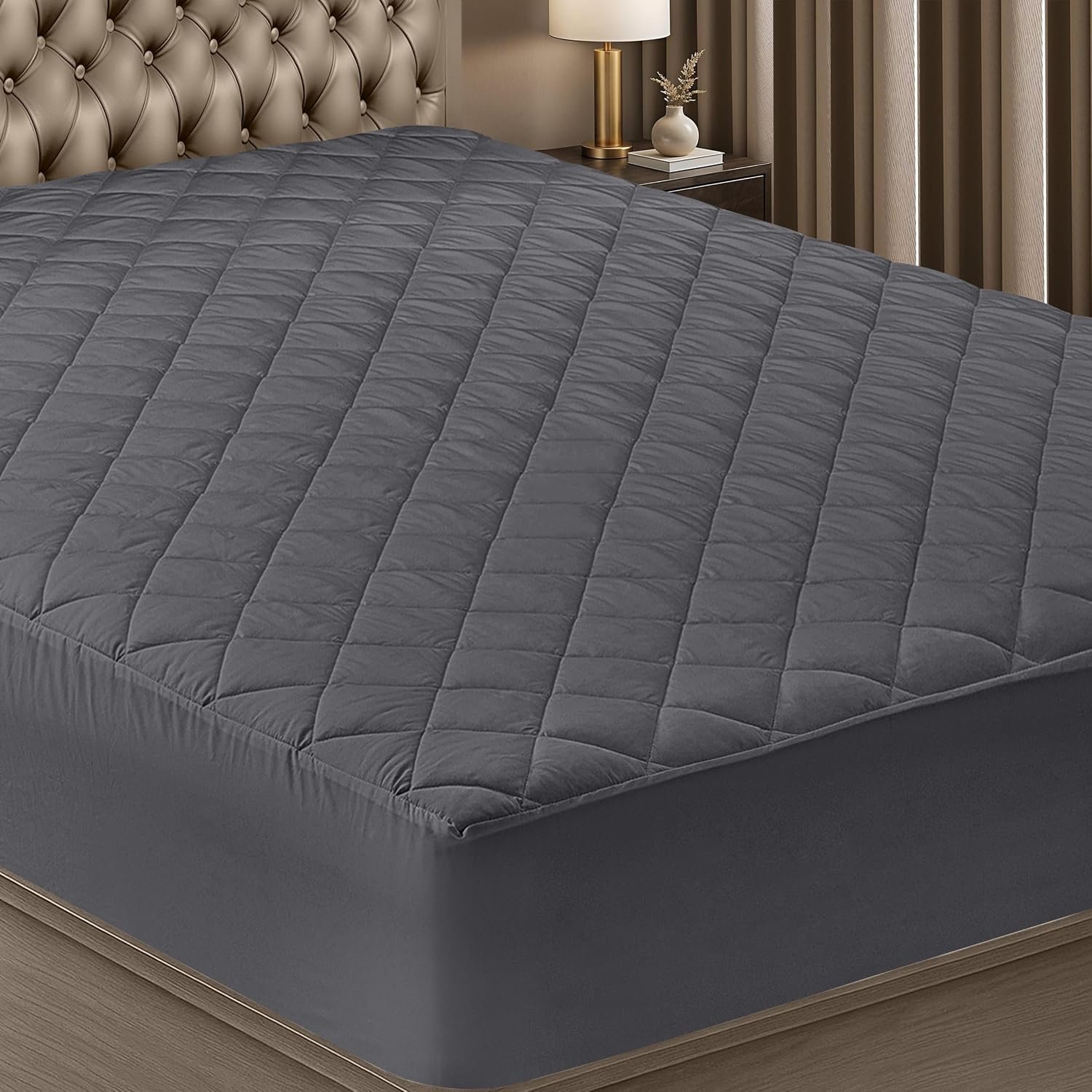 Quilted Fitted Mattress Pad (Full) - Mattress Cover Stretches up to 16 Inches Deep Grey - Mattress Topper by Utopia Bedding