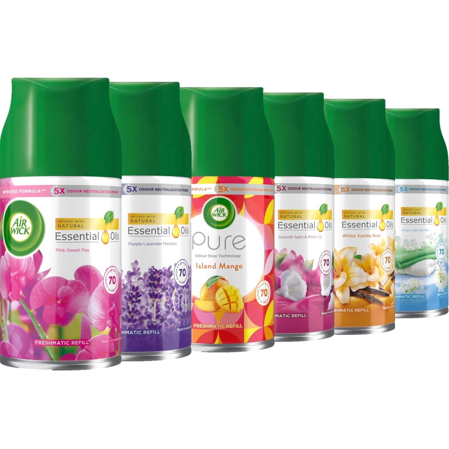 Air Wick Automatic Air Freshener Freshmatic Spray Refills: Crisp Linen & Lilac, Island Mango, Pink Sweet Pea, Purple Lavender Meadow, Satin & Moon Lily, White Vanilla Bean - Mixed fragerence 6 x 250ml