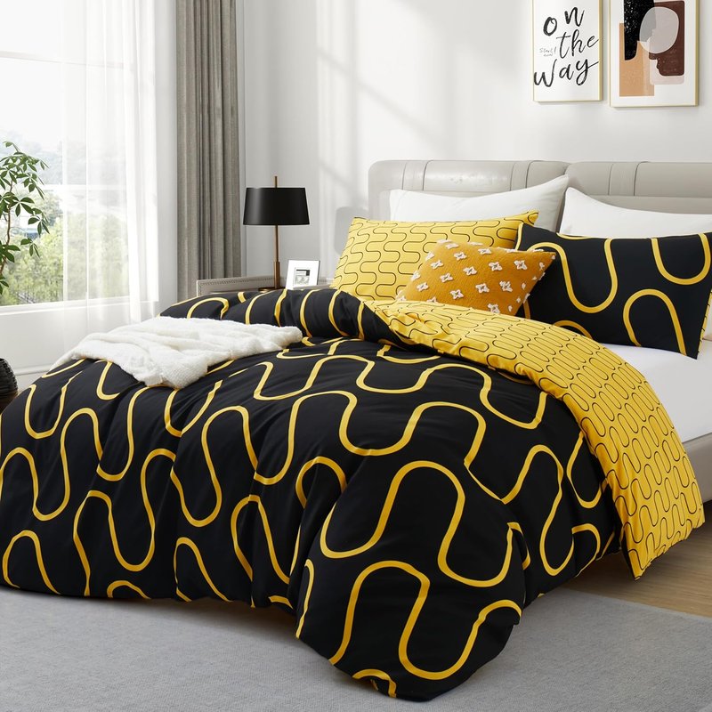 Hafaa King Size Duvet Cover Sets Soft Printed Bedding Set Brushed Microfiber Duvet Covers with Pillowcases (Ochre and Black Wave 230x220 CM)