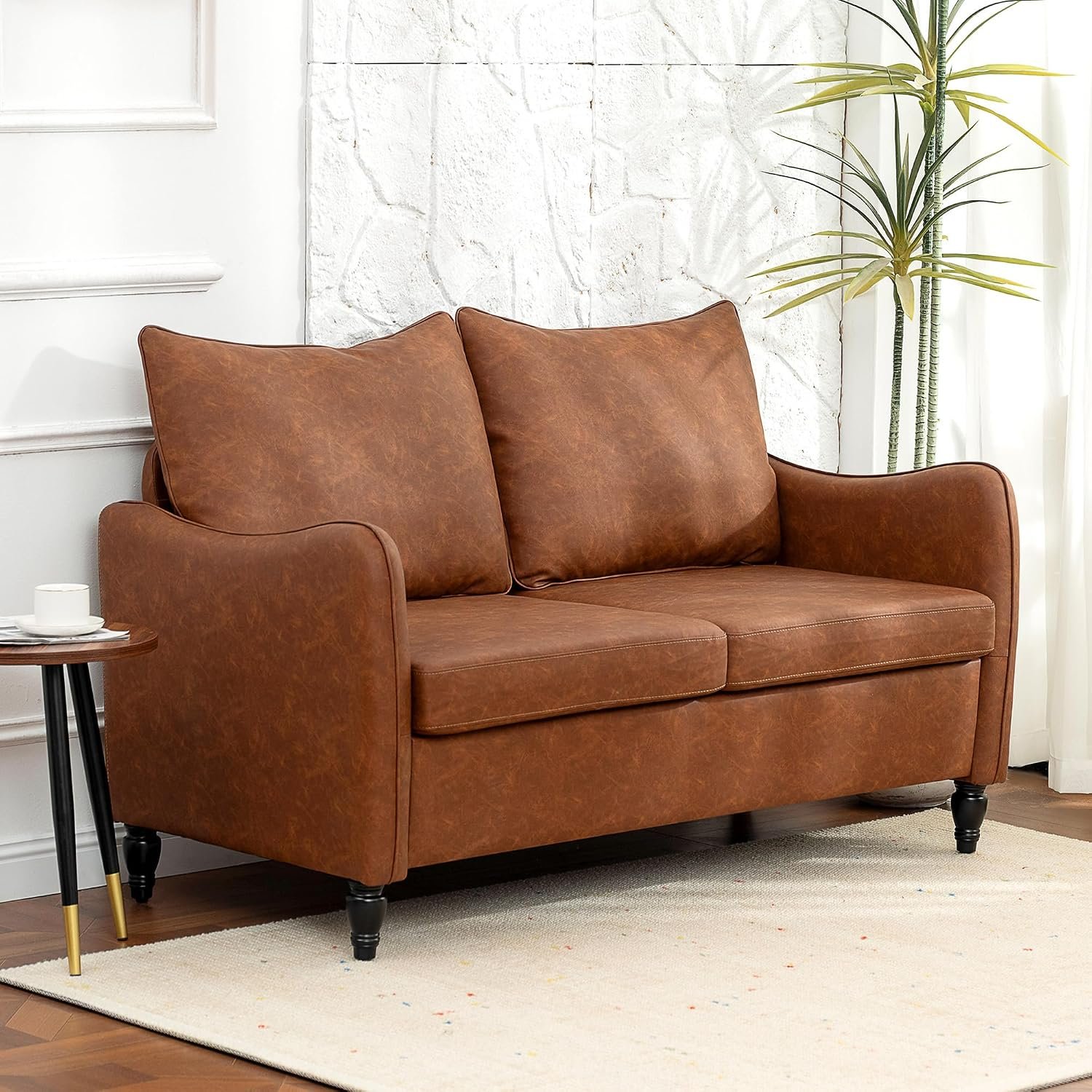HOMCOM 2 Seater Sofa, Modern Small Sofa with Solid Wood Legs, PU Leather Upholstered Loveseat Settee for Living Room, Bedroom, Home Office, Brown