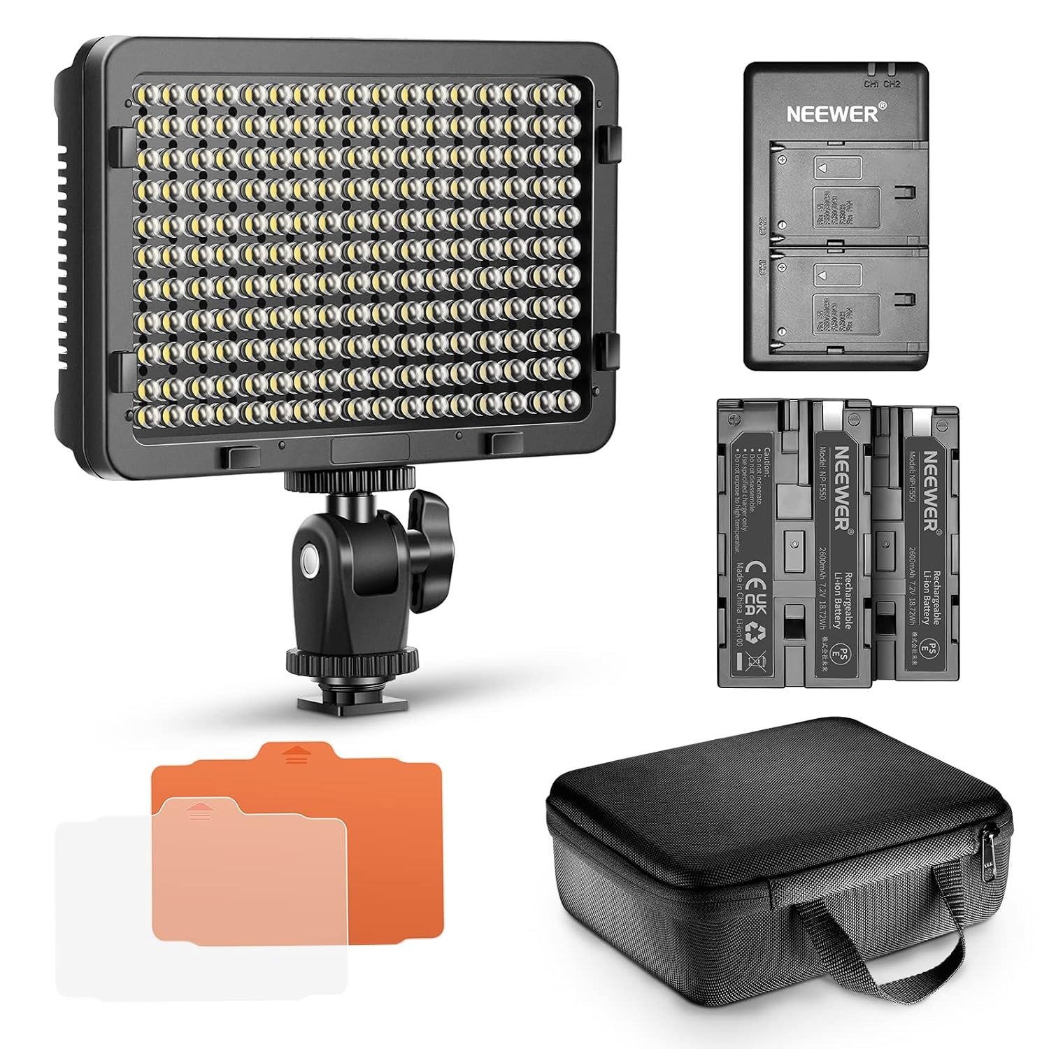 Neewer Dimmable 176 LED Video Light Lighting Kit: 176 LED Panel 3200-5600K, 2 Pieces Rechargeable Li-ion Battery, USB Charger and Portable Durable Case Compatible with Nikon, Sony DSLR Cameras