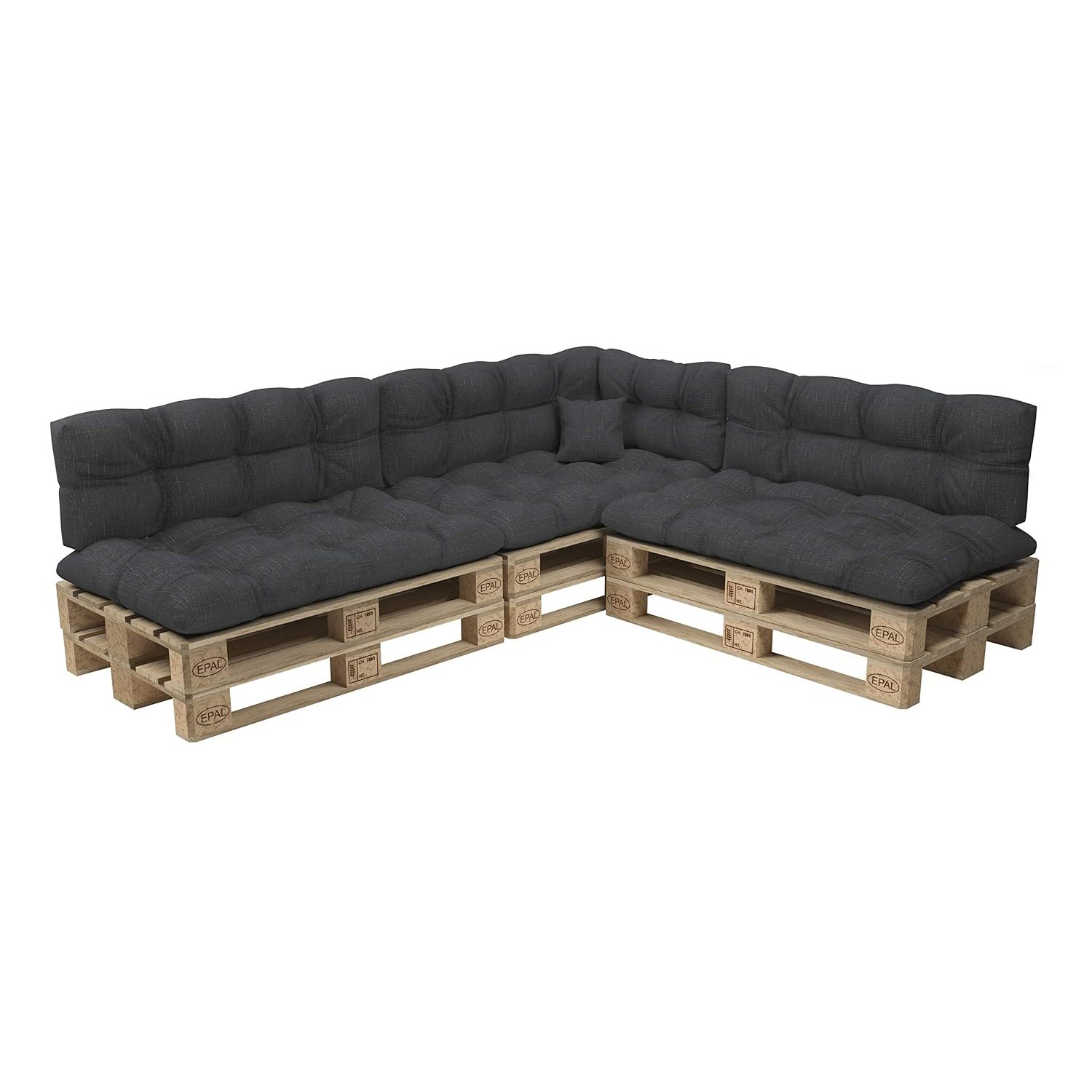 POKAR Euro Pallet Quilted Pillow - Set of 8: Seat Cushion 120 x 80cm + Back Cushion 120 x 40cm, Garden Pillows Sofa, Patio, Without Pallets, Anthracite