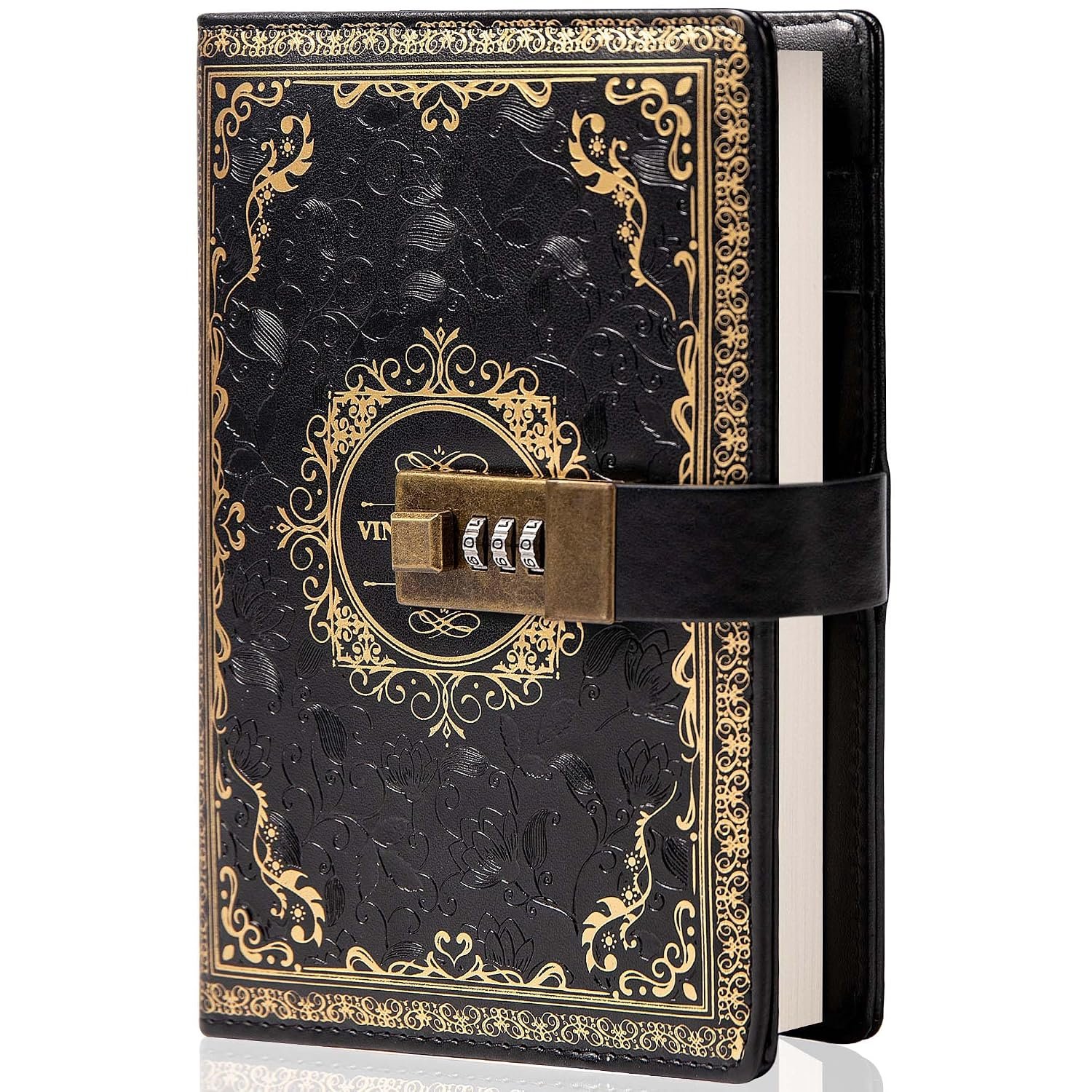 TIEFOSSI Vintage Leather Journal Notebook with Combination Lock, B6 Embossed Flower Secret Diary Ruled Lined Paper for Writing, Gift for Women Girls Children (Black)