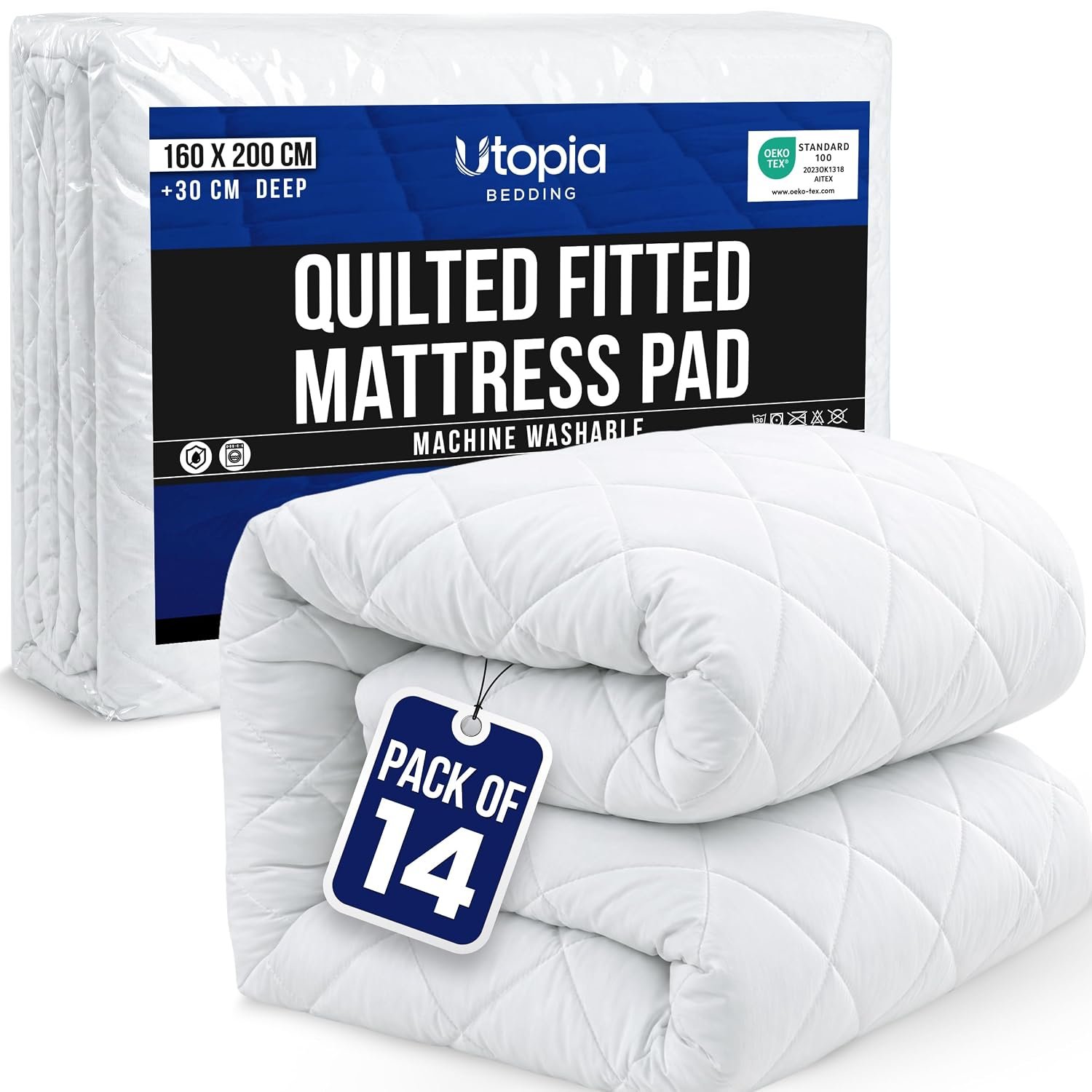 Utopia Bedding Quilted Mattress Protector, Breathable Mattress Pad Stretches up to 30 CM, Deep Fitted Cover, European King Bed (White, 160x200 cm, Pack of 14)
