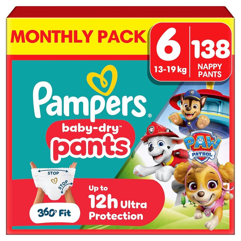Pampers Baby-Dry Nappy Pants Paw Patrol Edition Size 6, 138 Nappies, 13kg-19kg, Monthly Pack, with Our 360° Pants Fit to Help Prevent Leaks