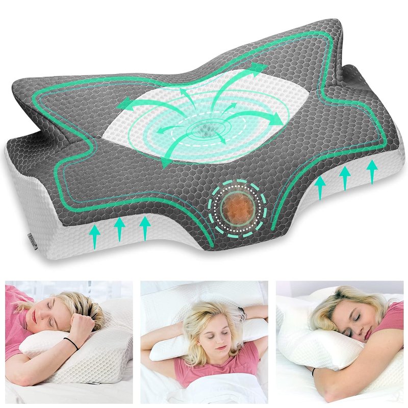 Elviros Cervical Memory Foam Pillow, Ergonomic Neck and Shoulder Support Pillow for Side/Back/Stomach Sleepers with Removable Cover (Dark Grey)