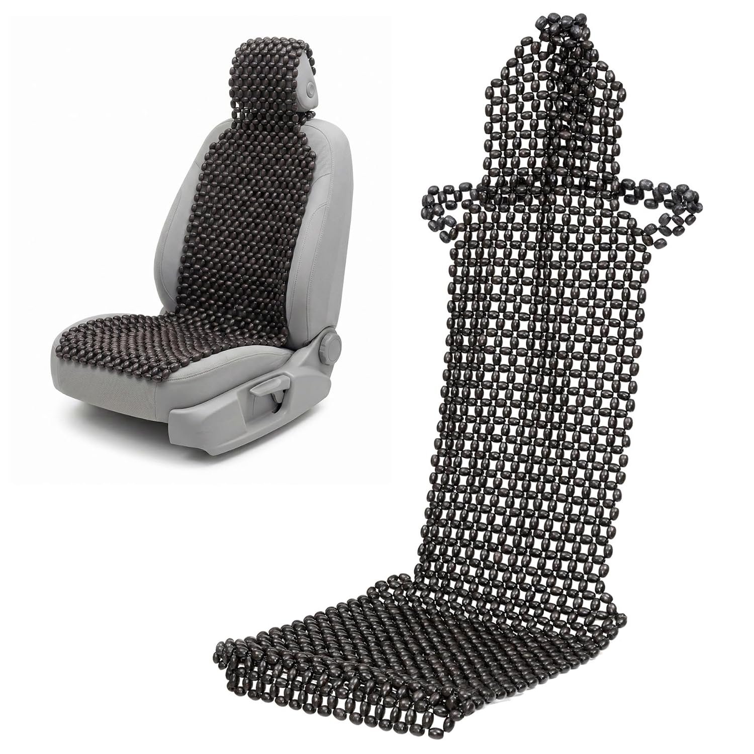 NOVECRAFTO Wooden Beaded Car Seat Cover with Headrest – Natural Wood Bead Massager for Car, Van, Truck & Taxi – Breathable Cooling Seat Cushion – Universal Fit – 143 x 50 cm – Black