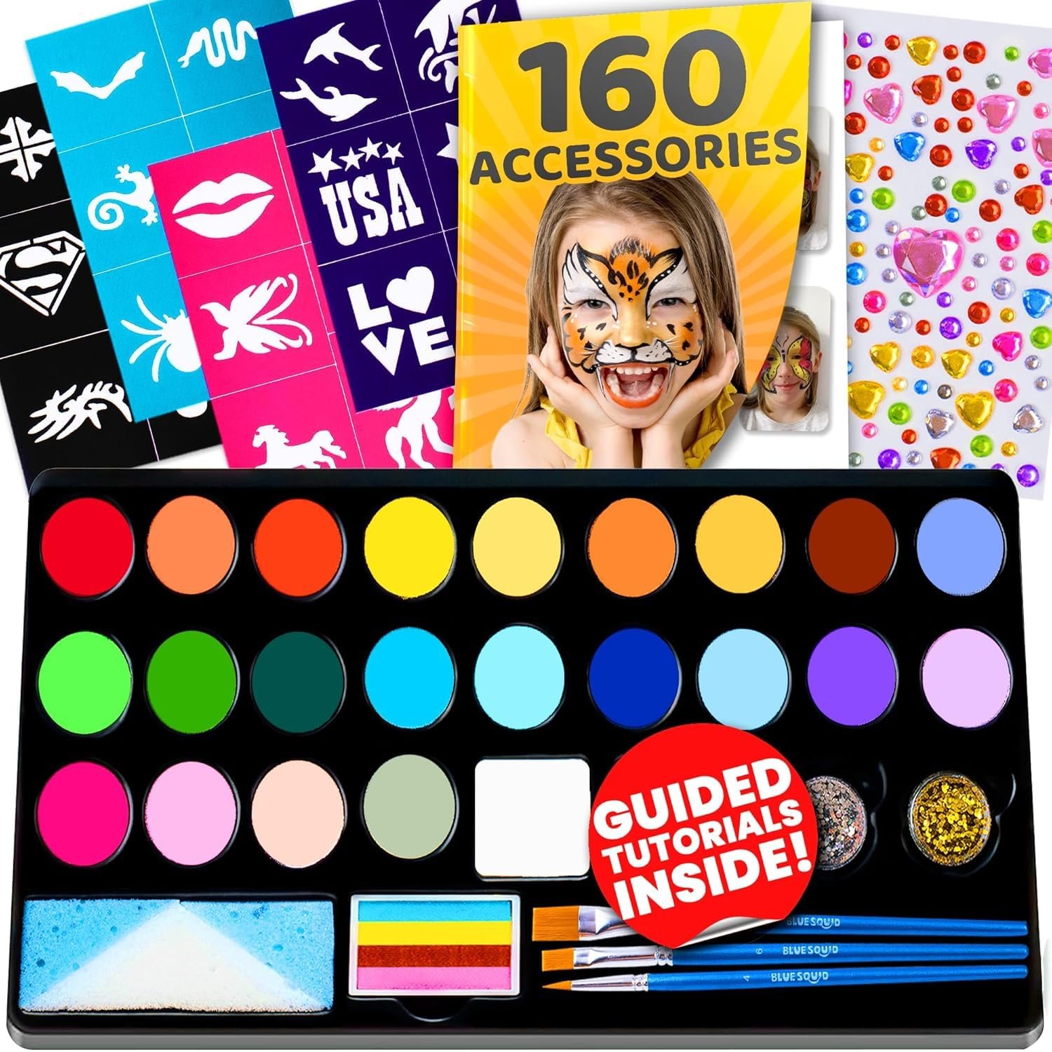 28 Colour Face Painting Kit for Kids - Blue Squid Face Paint Kit Palette with 160pc accessories - Stencils, Water Activated Non Toxic Washable Professional Facepaint body set Halloween Party Makeup