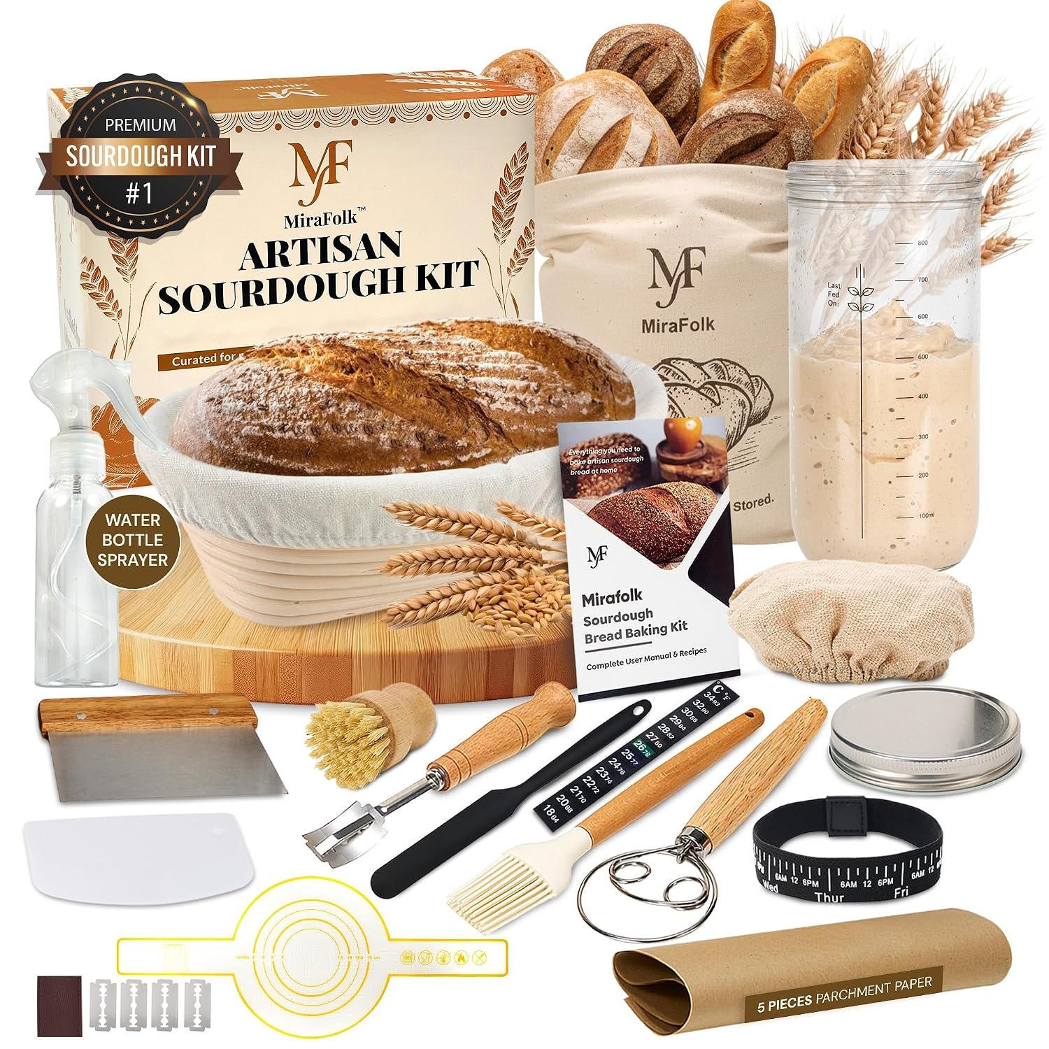 All-in-One Mirafolk Sourdough Starter Kit – Bread Making Kit with 10in Oval Proofing Basket,Cloth Liner, Jar, Dough Whisk and Scraper, Bread Making Tools – Baking Accessories for Kitchen