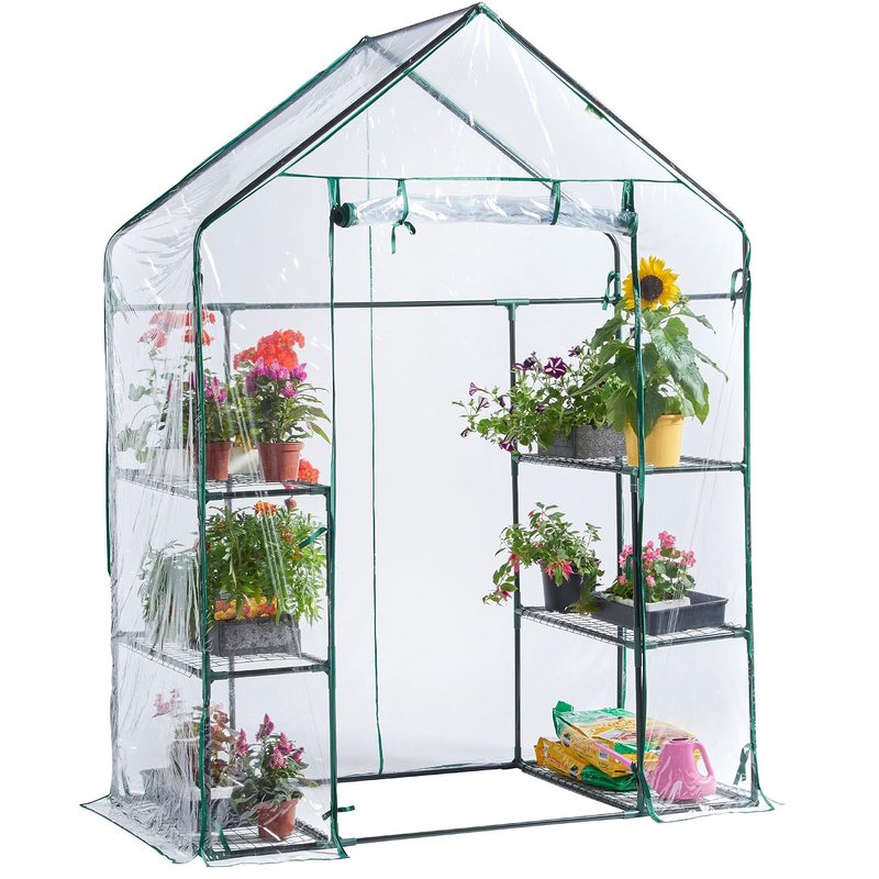 VonHaus Walk In Greenhouse – Compact Green House with 6 Shelves and Weatherproof PVC Plastic Cover – Plant House for Garden and Outdoor – Roll up Zip Panel Door – Easy No Tool Assembly