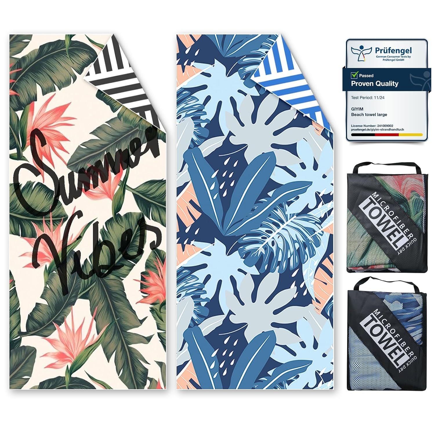 Beach Towels For Adults Extra Large - 2 Pack 200x90cm Lightweight microfibre beach towel with Mesh Bags, Double Sided Sand Free Absorbent Quick Dry Microfibre Towel for Pool, Gym, Camping & Travel