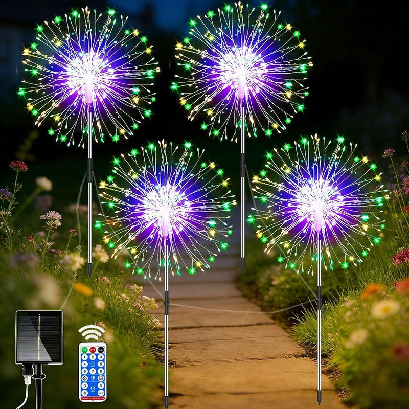 yowin Firework Solar Lights Outdoor Garden 4 x 120 LED Solar Garden Lights with Remote, 8 Modes Starburst Light Waterproof Dandelion Stake Light for Pathway Patio Yard Decorations - Multicolor