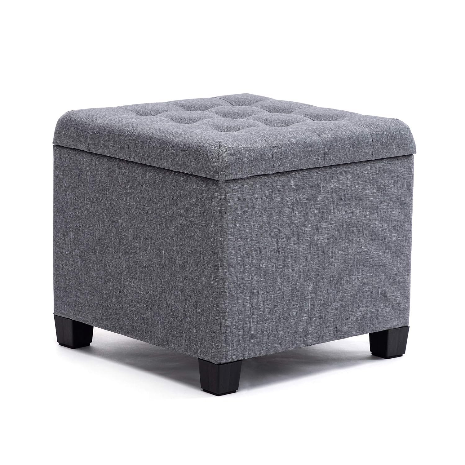 HNNHOME Pouffe Footstool Ottoman Storage Box, 45cm Cube Strong Wooden Frame Linen Living Room Foot stool, Toy Chest, Dressing Stool Seat Chair with Lids for Bedroom (Grey)