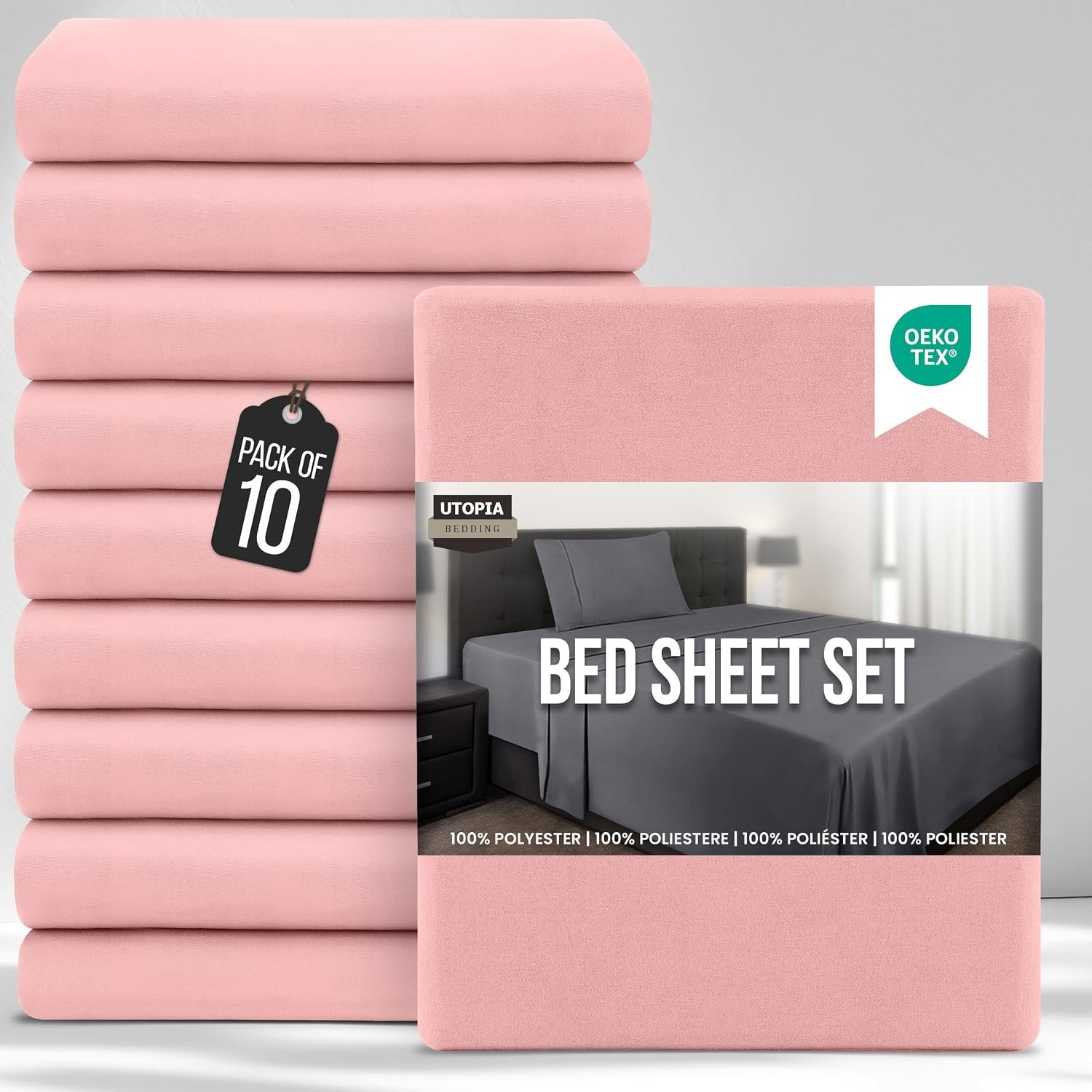 Utopia Bedding Bed Sheets Set Bulk Pack of 10 (Single, Pink) – Fitted Sheet, Flat Sheet with Pillow cases 50x75 – Wrinkle, Shrinkage & Fade Resistant – Soft Brushed Polyester Microfiber Fabric